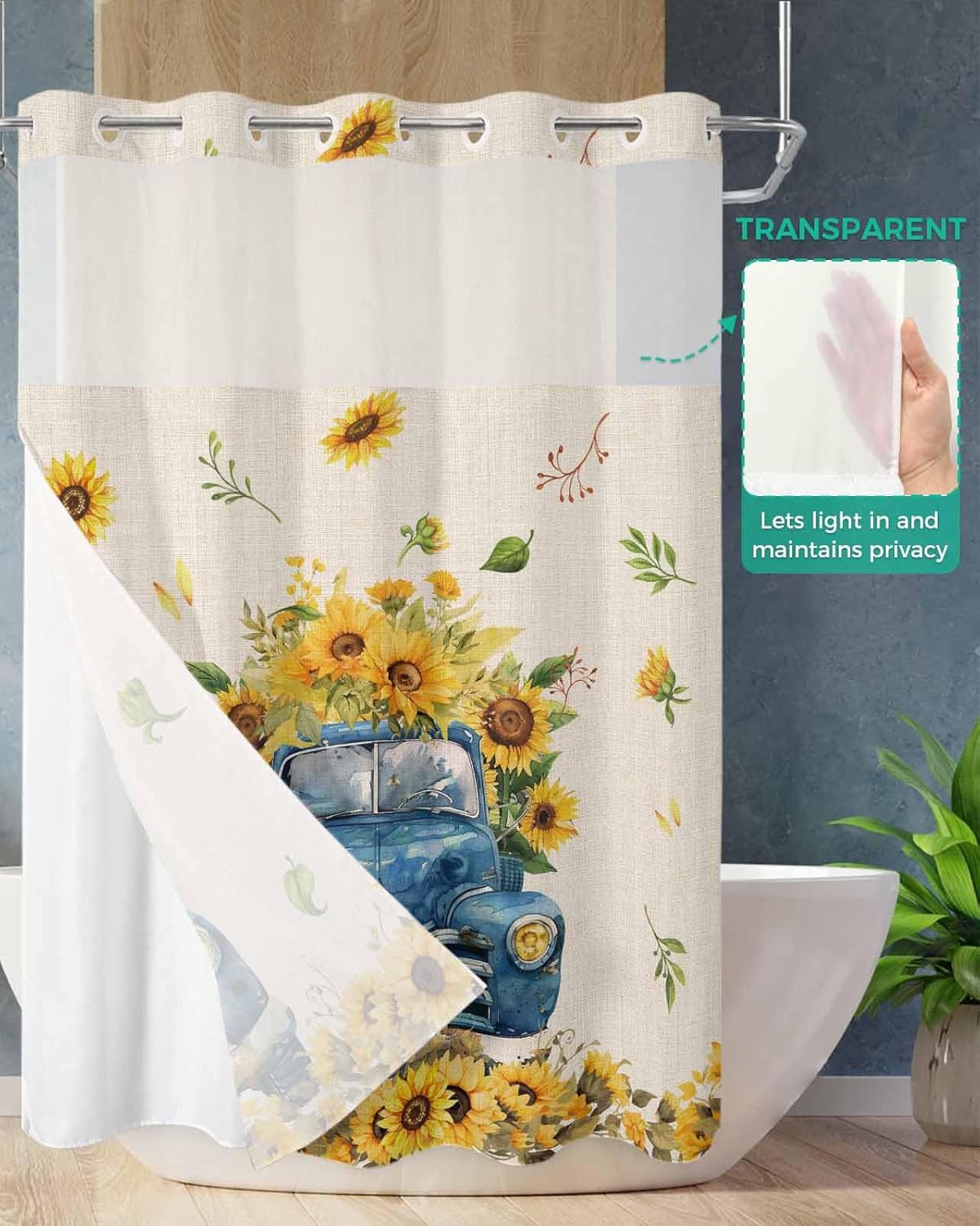 Retro Blue White Truck No Hook Shower Curtain with Snap in Liner Set,Sunflower Floral Farmhouse Rustic Leaves Waterproof Bath Curtain,See Through Mesh Top Window Bathtub Curtain for Bathroom 48"x72"