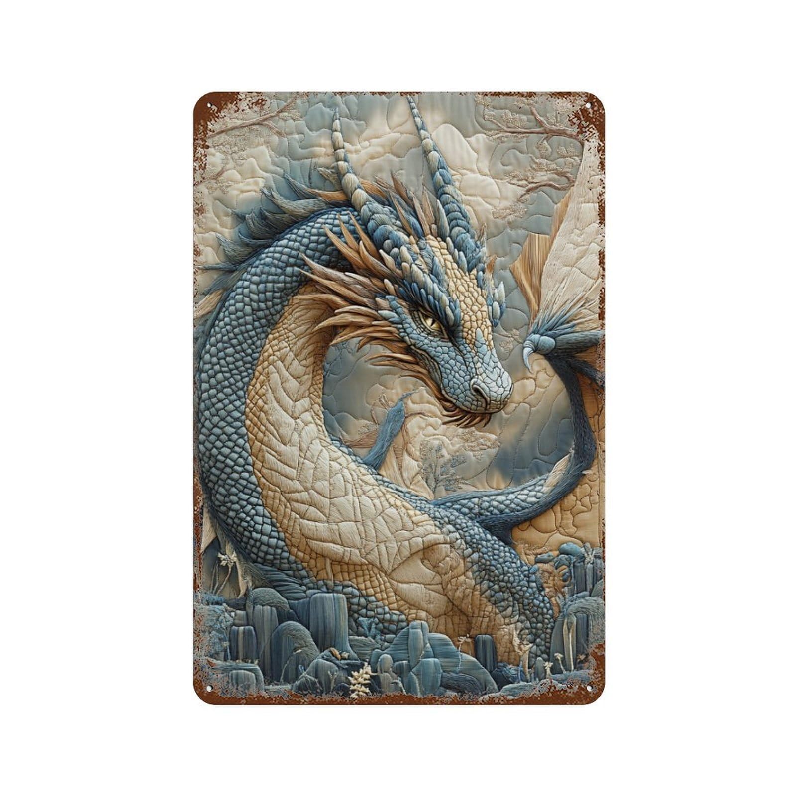 Epic Fantasy Dragon Artwork 11.8"x7.9" Rust Effect Tin Sign, Vintage Wall Decor for Farmhouse, Kitchen And Entryway Decor