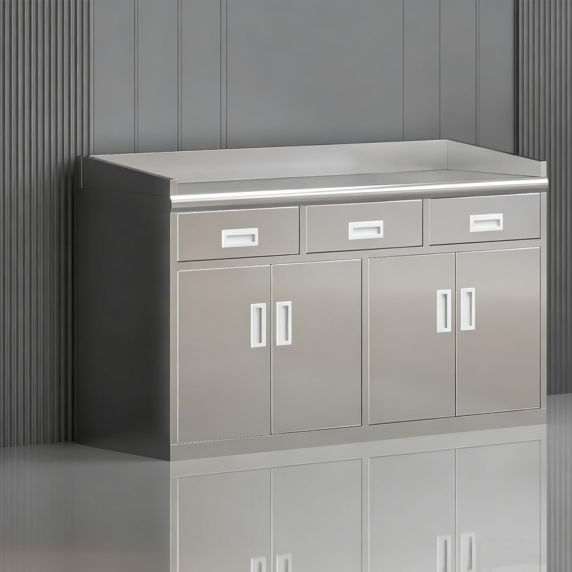 KIBONCY 304 Stainless Steel Buffet Cabinet, Lockable Kitchen Sideboard with Drawer & Adjustable Shelf, Multi-Purpose Prep Station Storage Cupboard for Household(A,1500)