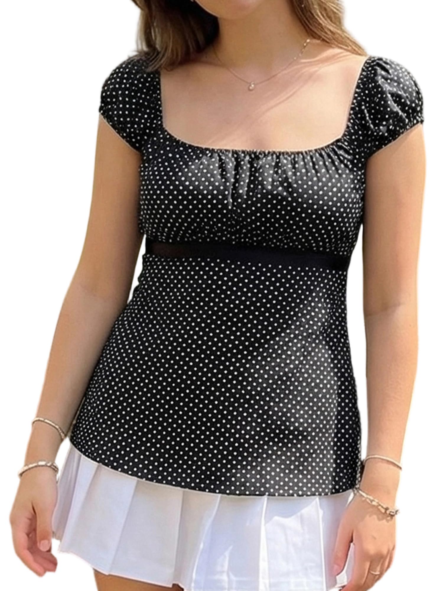 GXNRHG Top Babydoll a Pois da Donna, Scollo Quadrato Estivo, Peplo Fluido, Top Civetta, Magliette per Neonati, Y2k Streetwear