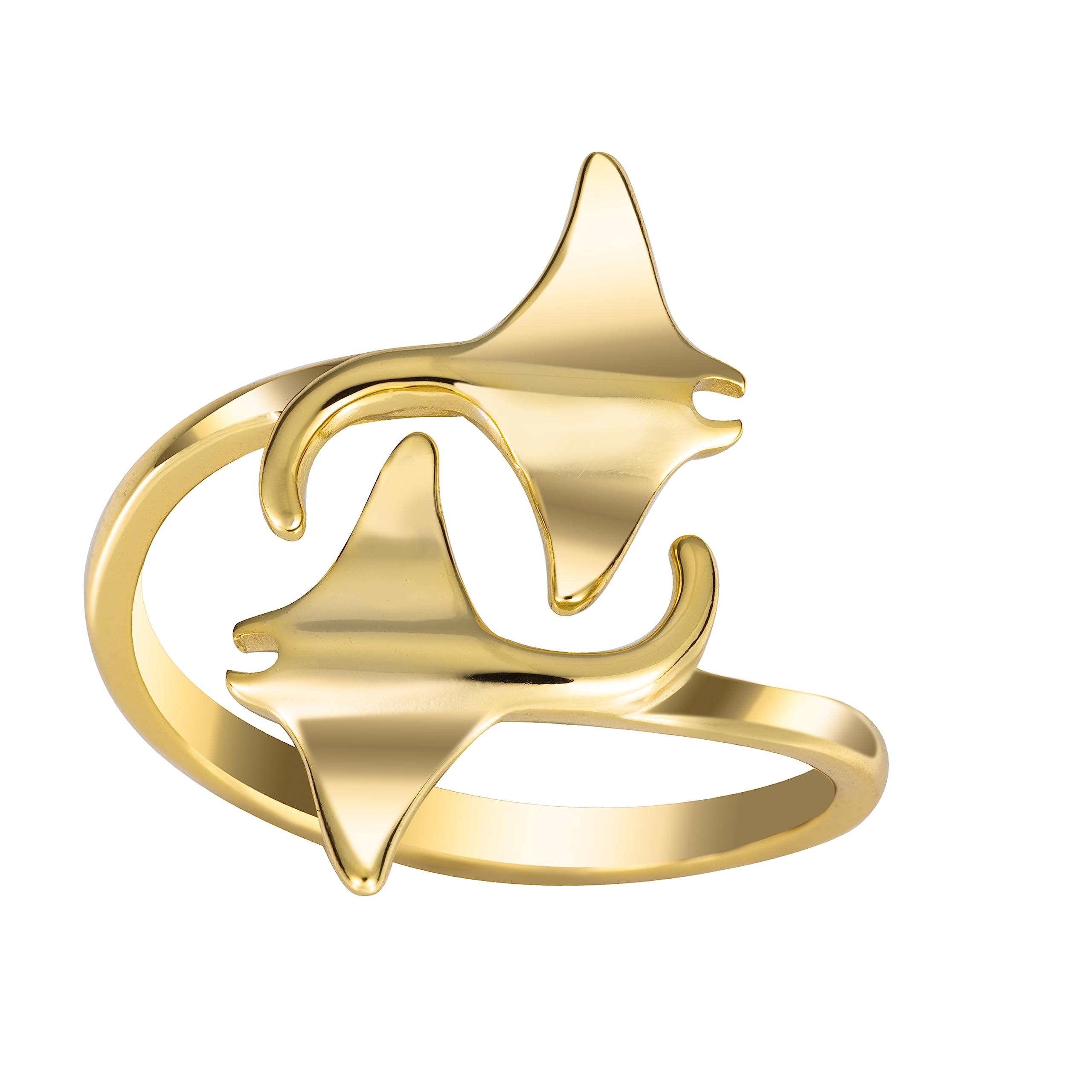 Aloha Jewelry Company925 Sterling Silver Two Manta Ray Adjustable Easy Resize Wrap Around Bypass Ring Eternity Band, 14K Gold Plated, Nickle Free Hypoallergenic for Sensitive Skin, Island Tropical Jewelry with Gift Box