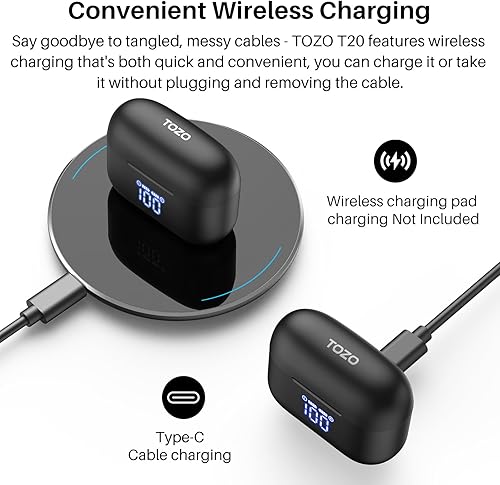 Miniatura 5 de TOZO Auriculares inalámbricos T20 Bluetooth 48.5 horas de reproducción con pantalla digital LED, IPX8 impermeable, doble micrófono con cancelación