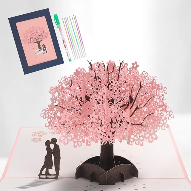 3D Pop Up Card, Blossom Pop-Up Greeting Card with Romantic Lovers Under Cherry Tree, Wedding Card Greeting Cards for Wedding, Christmas, Birthday, Anniversary, Valentine's Day