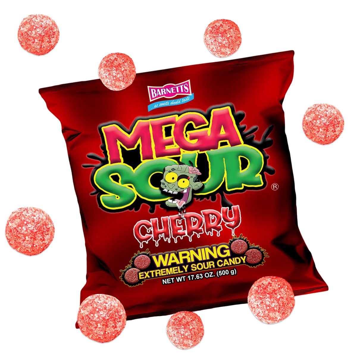 Barnetts - Mega Sour Candy Cherry 500g - Trendy Sweet Bags - Traditionally Handmade Sweets - Sour Coating Lasts 20 Seconds - Candies for Party Bag, Gift Hamper, or Hamper Box