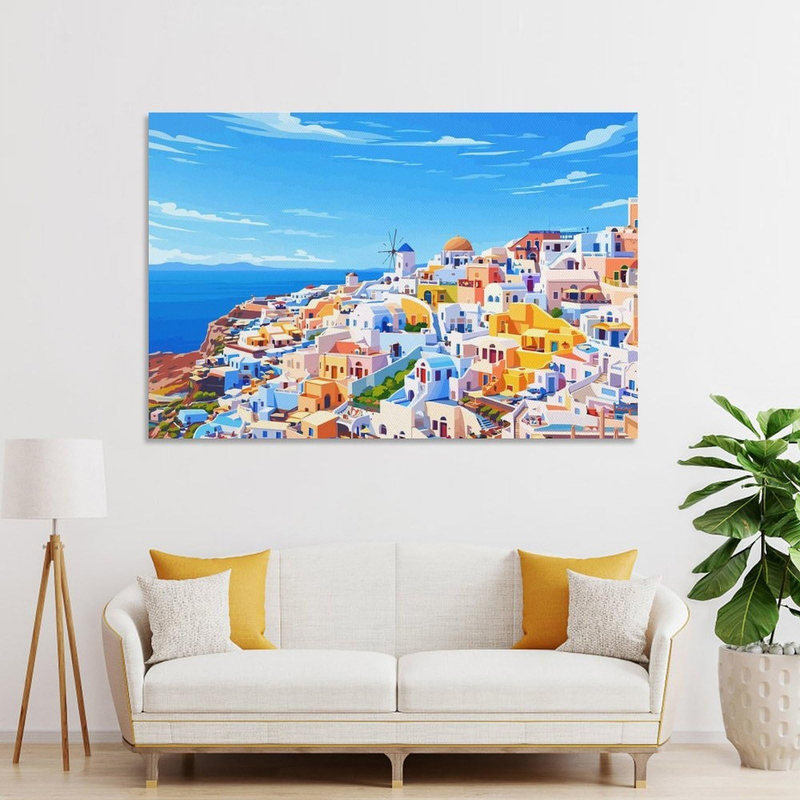 Junmoney Canvas Wall Decor Santorini, Greece Colorful Coastal Village, 20x30inch(50x75cm), for Living Room, Bedroom Or Apartment Walls, A Home Accent with Warm Character