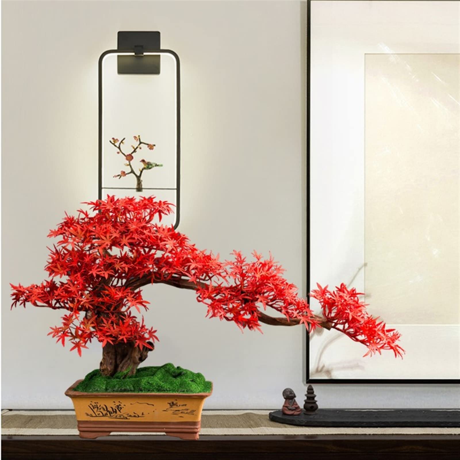 Symulowane rośliny doniczkowe Sztuczne drzewo klonowe Bonsai, doniczkowe japońskie ozdoby Zen Kryte Bonsai Sztuczna dekoracja roślinna na biurko Salon Herbaciarnia, czerwony Dekoracje wnętrz