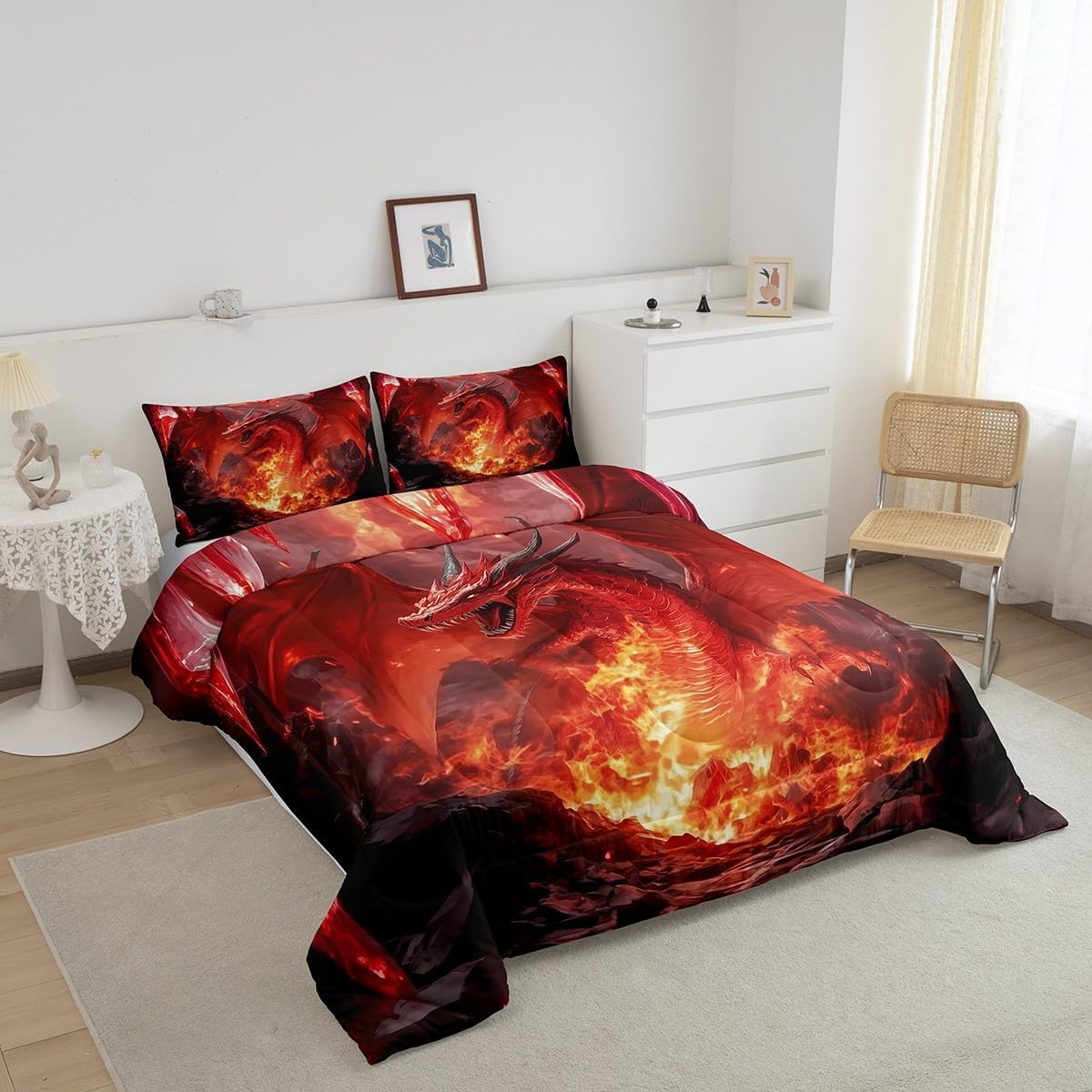 Castle Fairy Dragon Boys Girls Comforter Set,Wild Animals Cool Magical Style Duvet Set for Room Decor,Glowing Flame Dragon Brushed Microfiber Soft Quilt Cover,Full