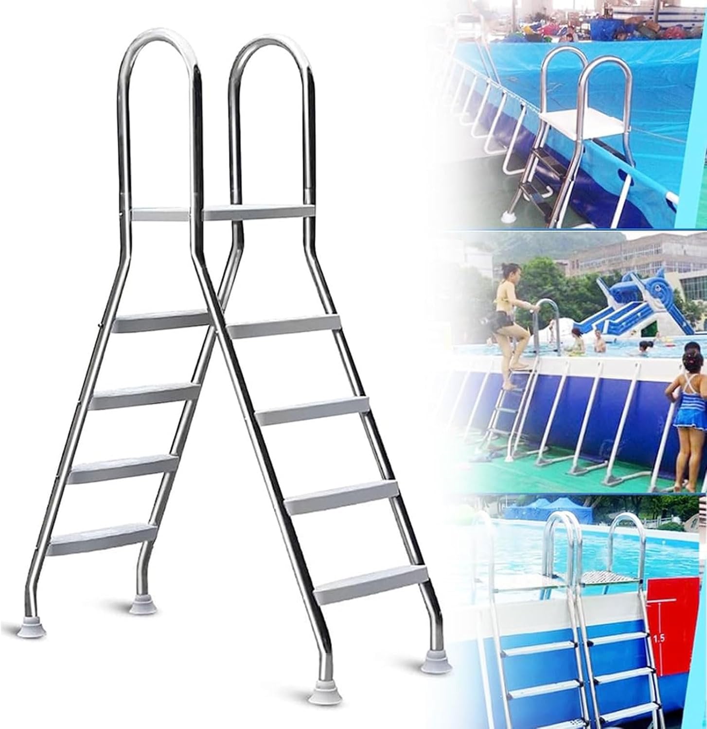 Stainless Steel Pool Ladder,33/43 Inch In-Ground Pool Ladder with No-Slip Steps,Arm Rails and Barrier,Slip Pool Steps Above Ground,Max Load Capacity 500 Lbs Ladders,for Backyard Pool(2+2Combination)