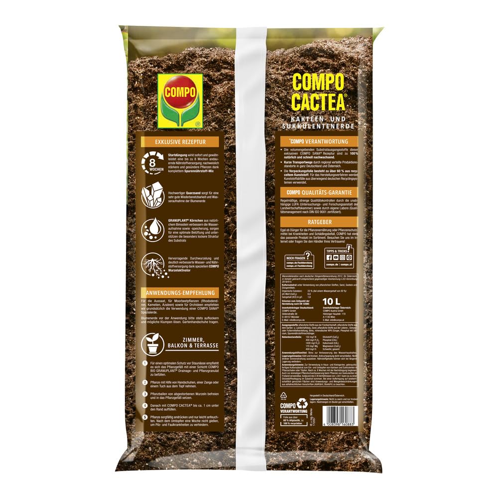 Compo CACTEA Kakteen- und Sukkulentenerde torffrei, 10 L  Spezialerde fr  Kakteen & Sukkulenten  lockere Struktur fr gesunde Wurzeln  optimale  Wasserfhrung  hochwertige Pflanzerde : Amazon.de: Garten