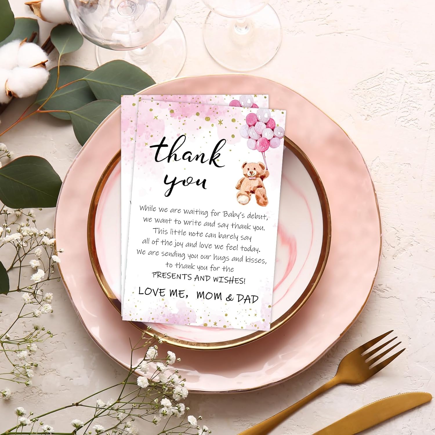 Kisston 50 Sets Bear Baby Shower Thank You Cards 4 x 6 Inch Bear Greeting Cards with 50 Envelopes and Stickers Gift Card for Baby Shower Gender Reveal Birthday Party Favor Supplies for Girl Boy(Pink) - Image 6