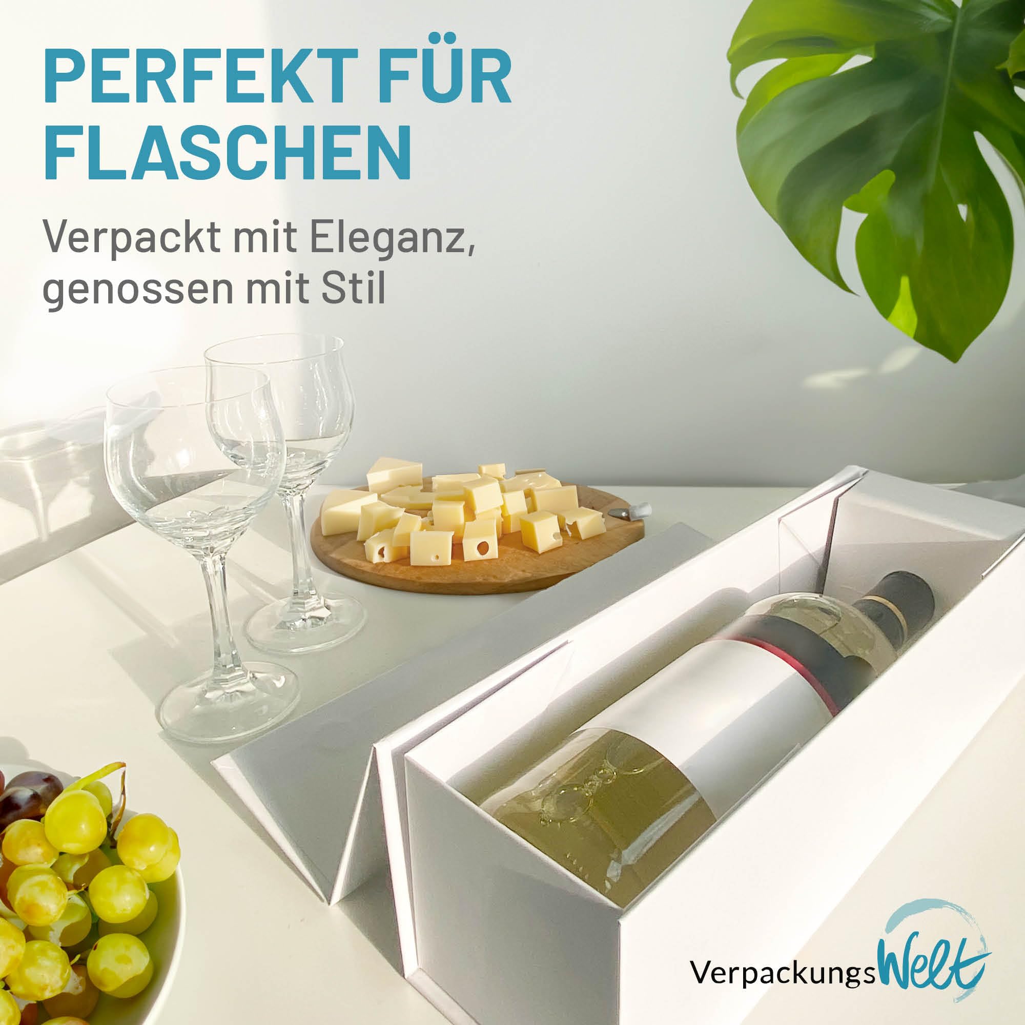 Verpackungswelt Geschenk-Box für Flaschen | 34x9x9 cm | Karton Mit Deckel, Inlay & Magnet-Verschluss | Ideal für Geburtstag, Hochzeit, Weihnachten, Einzug | Verpackung in Weiß
