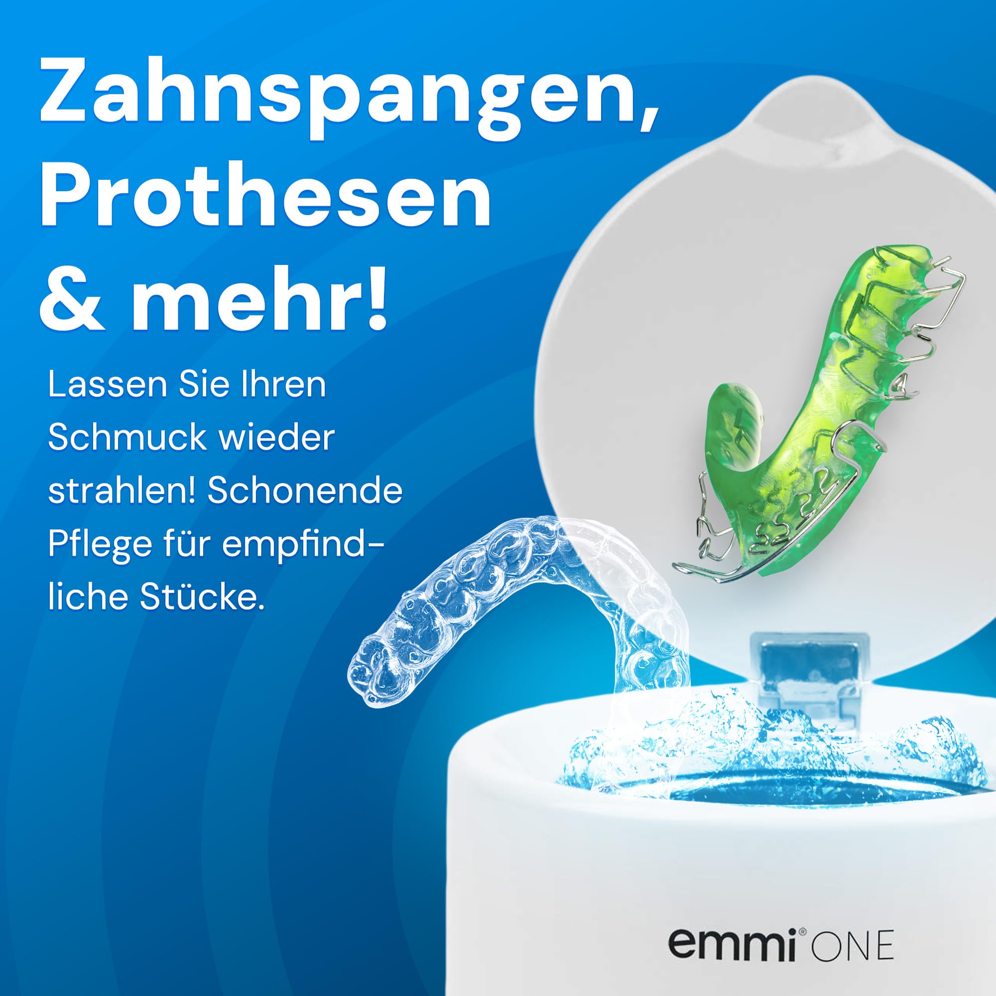 EMAG Emmi-One - Pulitore ad ultrasuoni per protesi dentali, gioielli, occhiali, orologi, apparecchi acustici, 48 kHz, incluso concentrato di pulizia EM-090, compatto e silenzioso, timer da 5 minuti