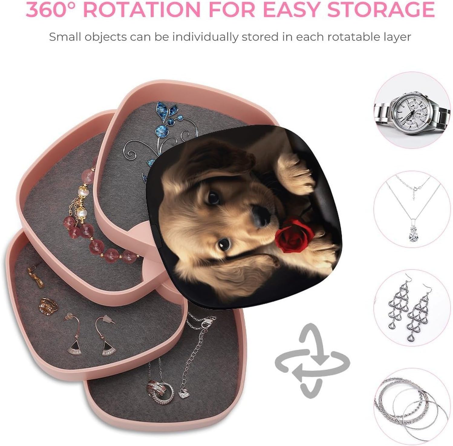 Cute Pet Dog Jewelry Organizer 4-Layers Rotatable Jewelry Organizer Storage Box Small Jewelry Storage Box Earring Holder for Women Travel Jewelry Tray Case with Lid image 4