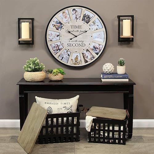 Miniatura 2 de Reloj de pared de madera rústica estilo granja con collage de 12 fotos, reloj de pared grande con fotos familiares para sala de estar, hogar,