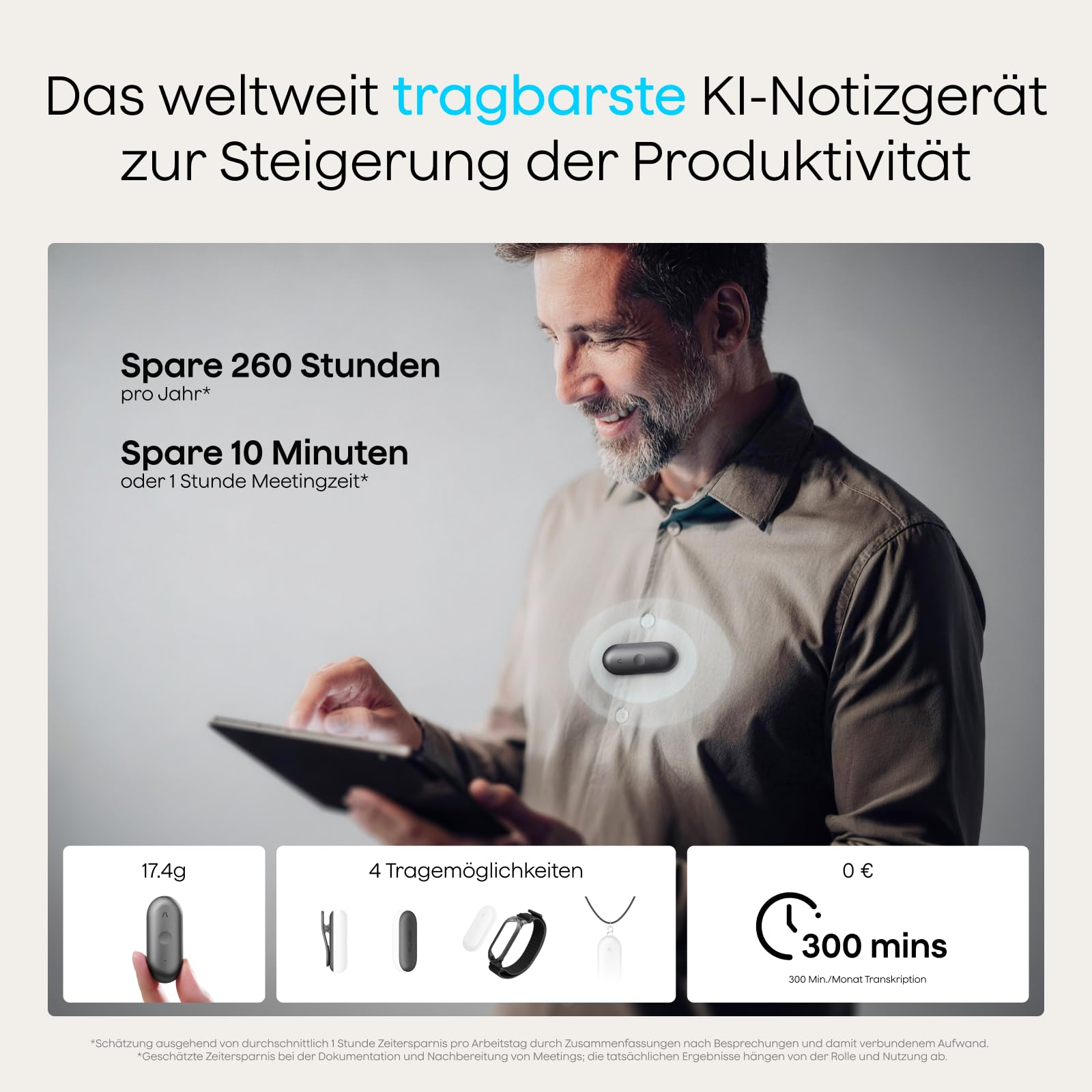 Plaud NotePin S Diktiergerät mit taktiler Aufnahmetaste Profis & Teams KI Voice Recorder KI-Notizgerät KI-Schreibfunktion & Zusammenfassung Aufnahmegerät für Meetings 4 Zubehörteile (Grau)