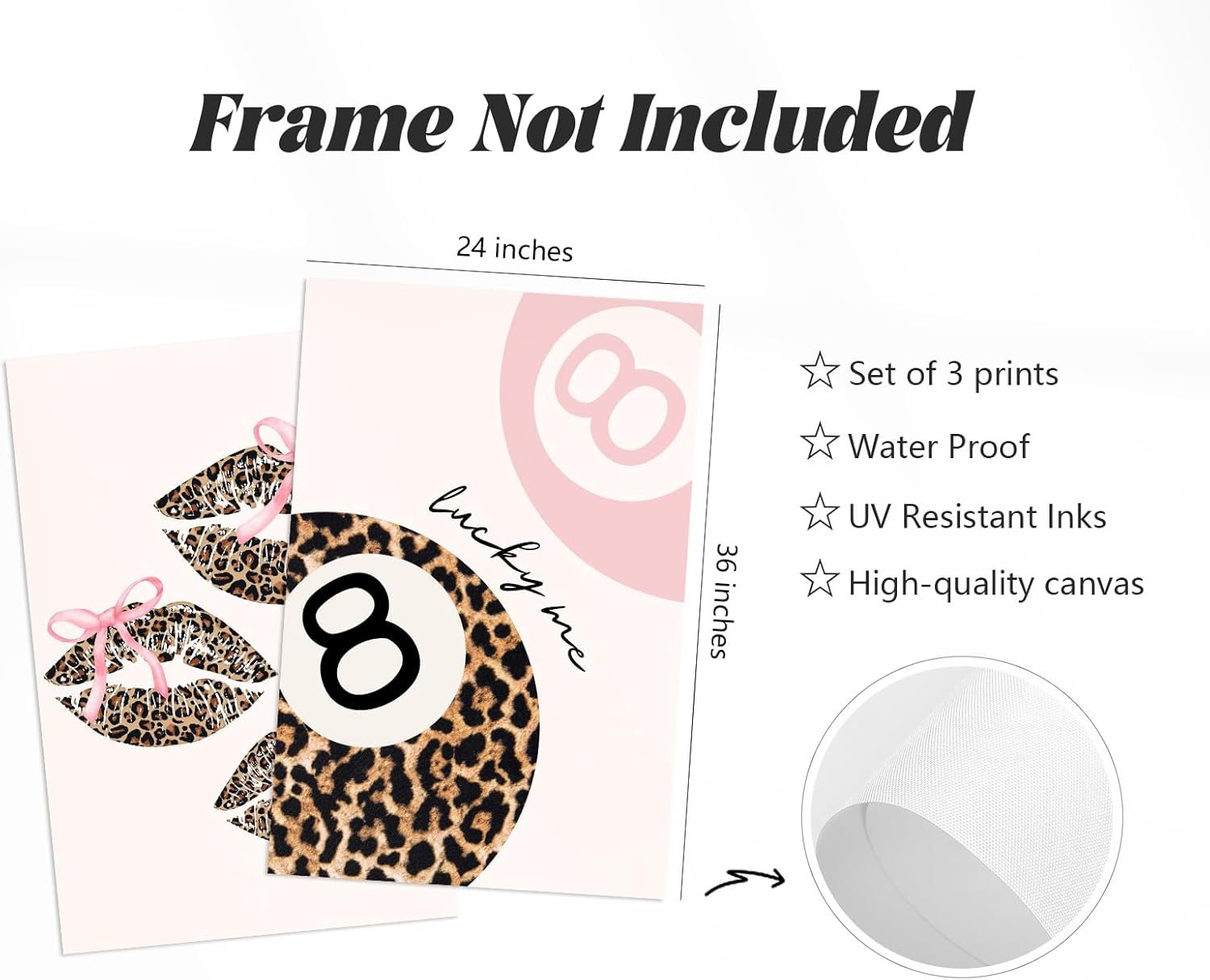 Pink Cheetah Wall Art Decor Leopard Preppy Trendy Canvas Poster Fashion Aesthetic Room Decor Y2k 8 Ball Prints Coquette Bow Picture Pink Lucky Painting for Dorm Girls Bedroom 24x36 Inch Unframed 3Pcs