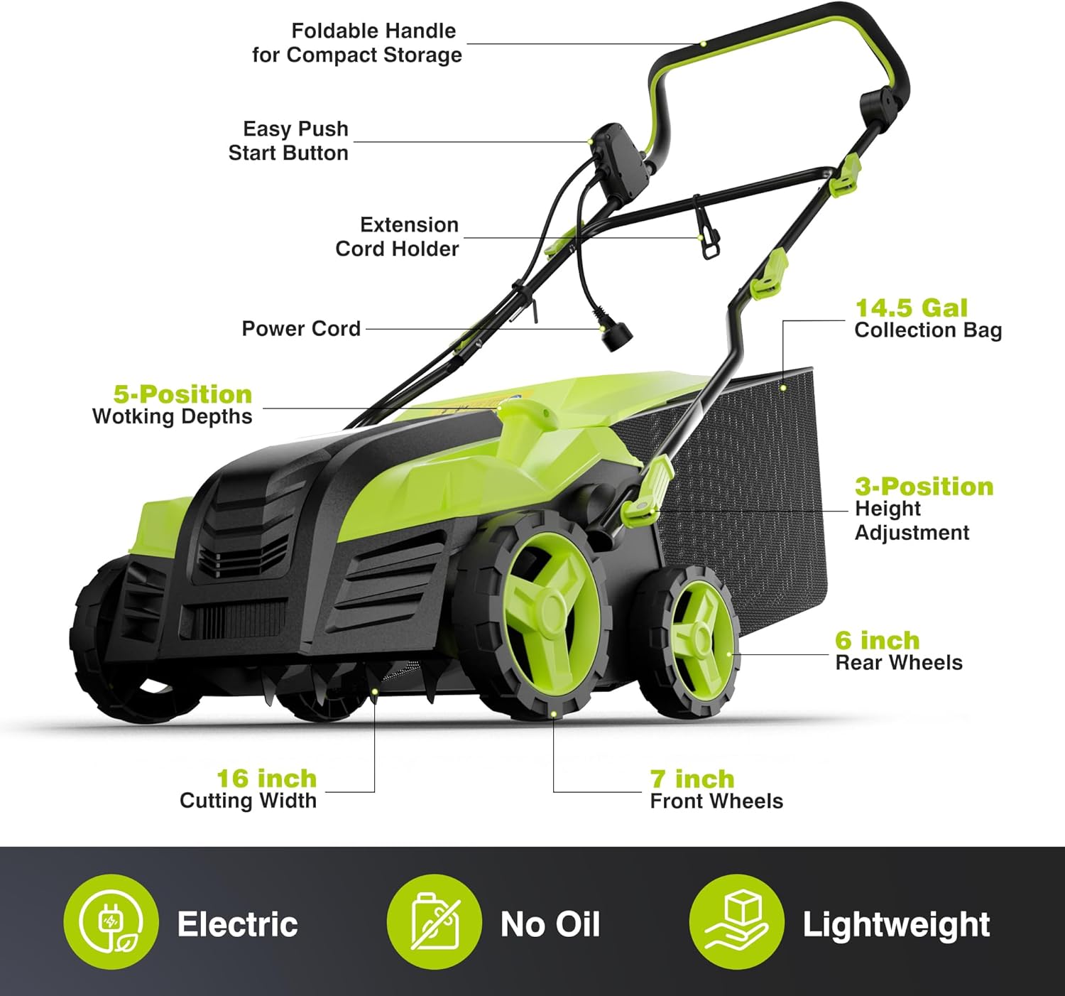 16-Inch Electric Dethatcher and Scarifier, YERYORK 2-in-1 Scarifier and Lawn Dethatcher with Powerful 15.5 AMP Motor 14.5Gal Collection Bag 5-Position Depth Foldable Handle for Lawns(Light Green)