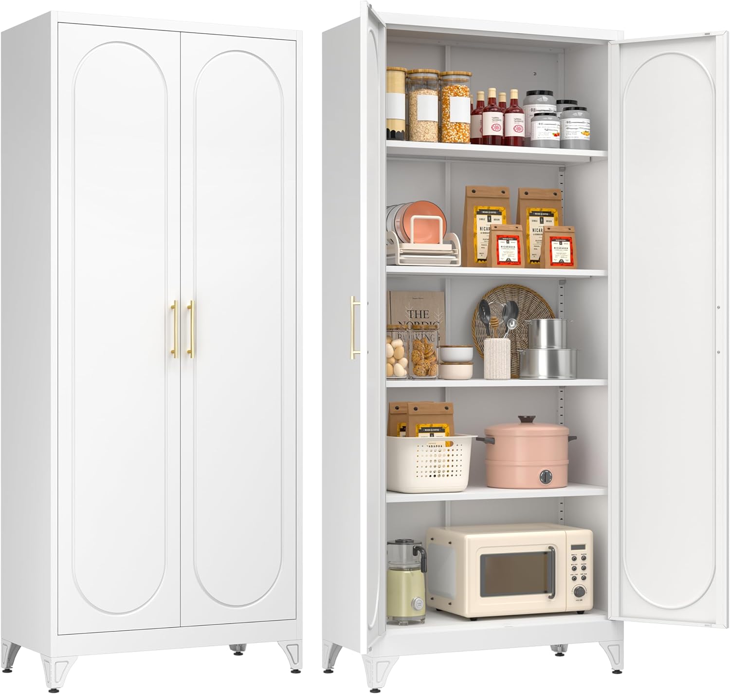 Metal Storage Cabinet with Doors and Shelves, 75 Inch Tall Kitchen Pantry Cabinet, Pantry Cabinets for Kitchen Storage, Freestanding Cupboard for Living, Dining Room, White, Assembly Required