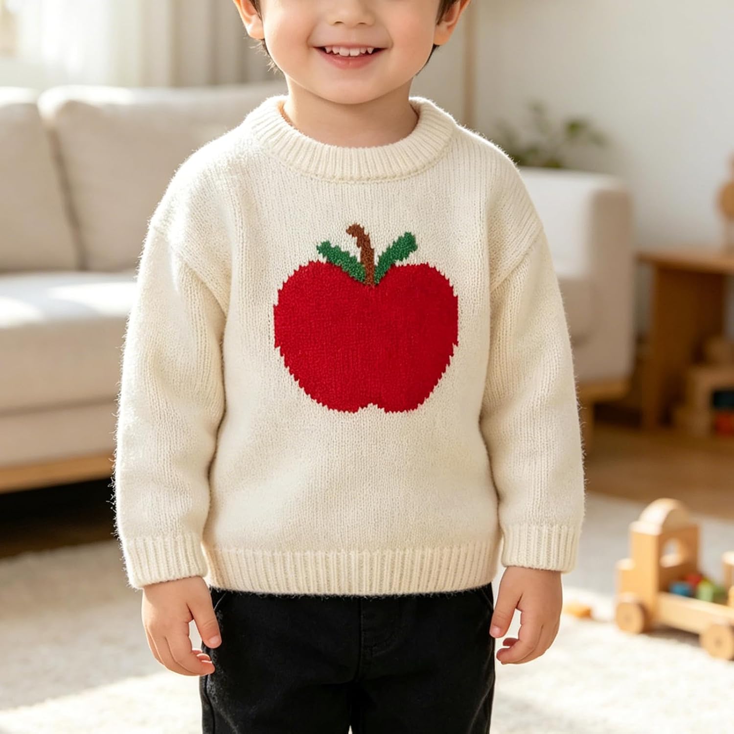 Toddler Baby Boy Girl Back to School Outfits Apple Embroidery Oversized Knit Sweater Infant First Day of Kindergarten Shirt