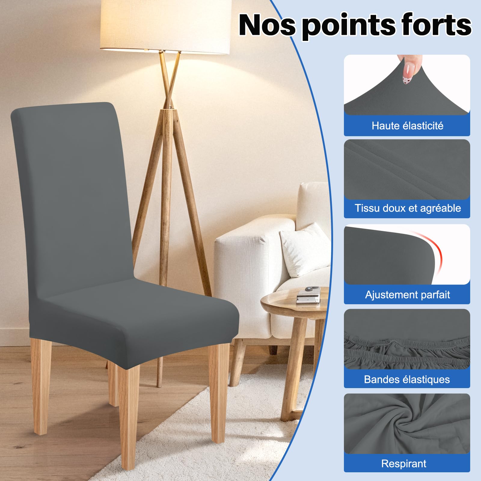Housse de Chaise Extensible 4 Pièces Amovible Lavable Gris pour Salle à Manger Hôtel