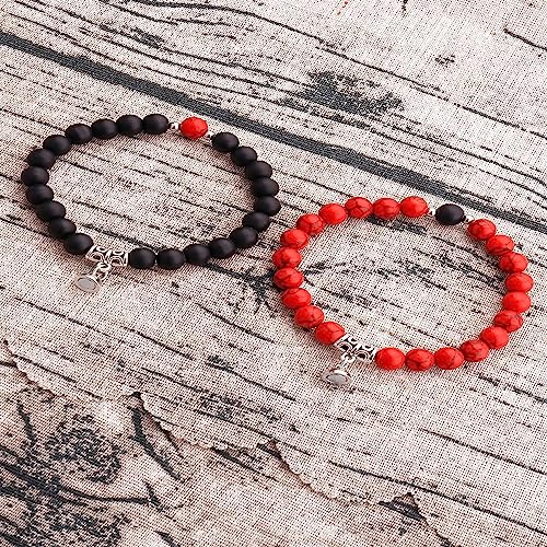 Image of Fashion Frill Stylish Couple Bracelets Black & White Red Natural Stone Onyx Stretchable Wrist Band Heart Magnetic Bracelet For Women Men Boys Girls Love Gifts Friendship Promise Bracelets