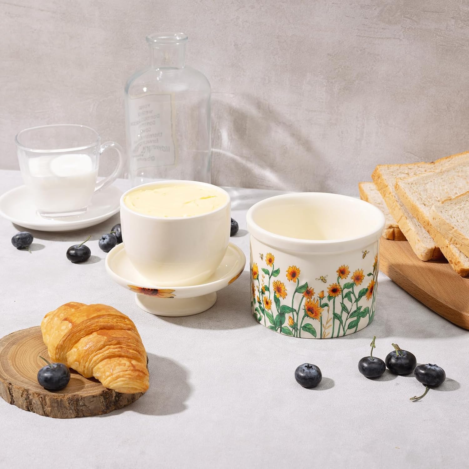 Butter Crock with Lid for Countertop , French Butter Keeper with Water Line, Embossed Butter Holder for Counter, Butter Dish With lid for Butter Sunflower Kitchen Decor Valentine's Day Gifts thumbnail