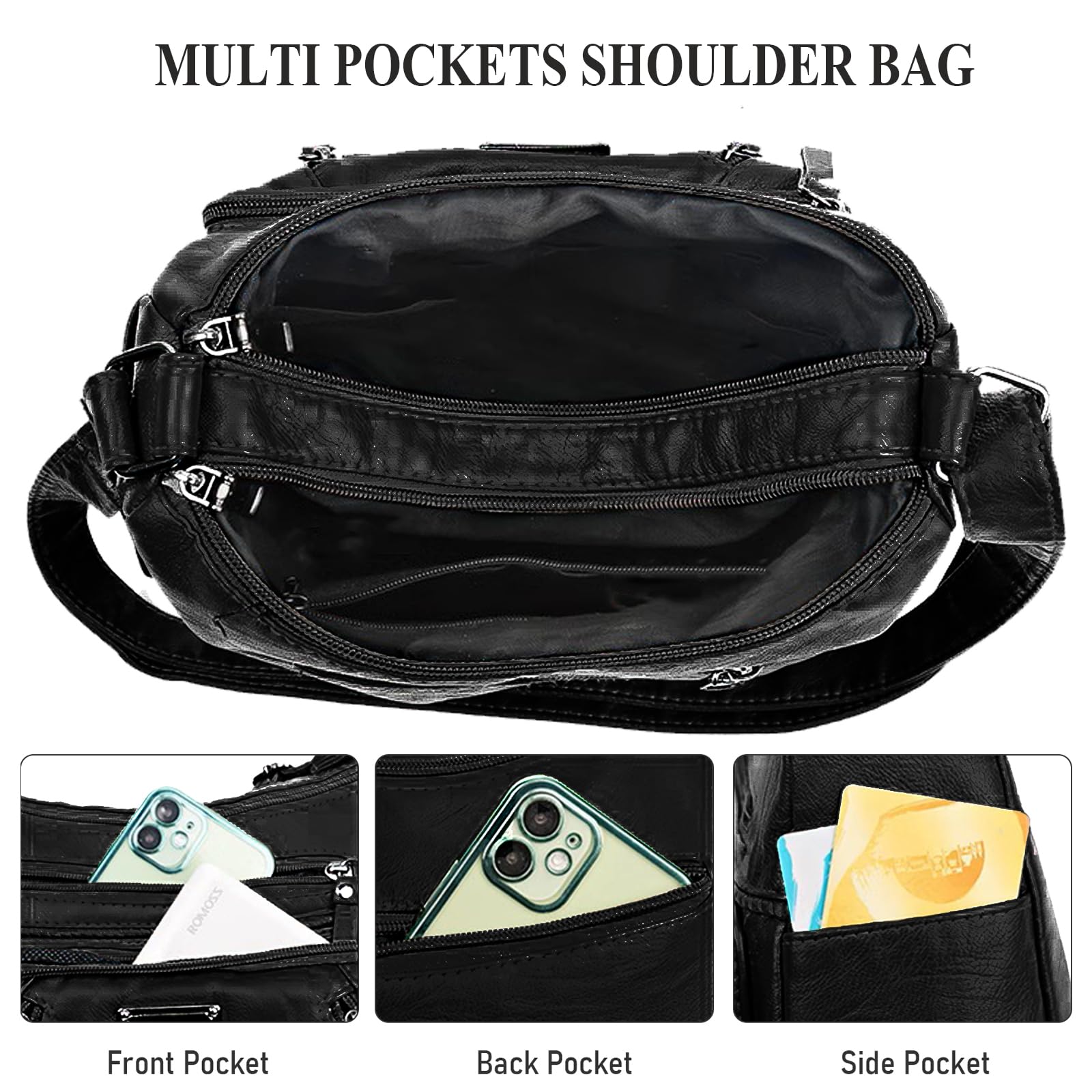 WITERY Crossboby - Bolso de mano para mujer, de piel sintética suave, con múltiples bolsillos, correa ajustable