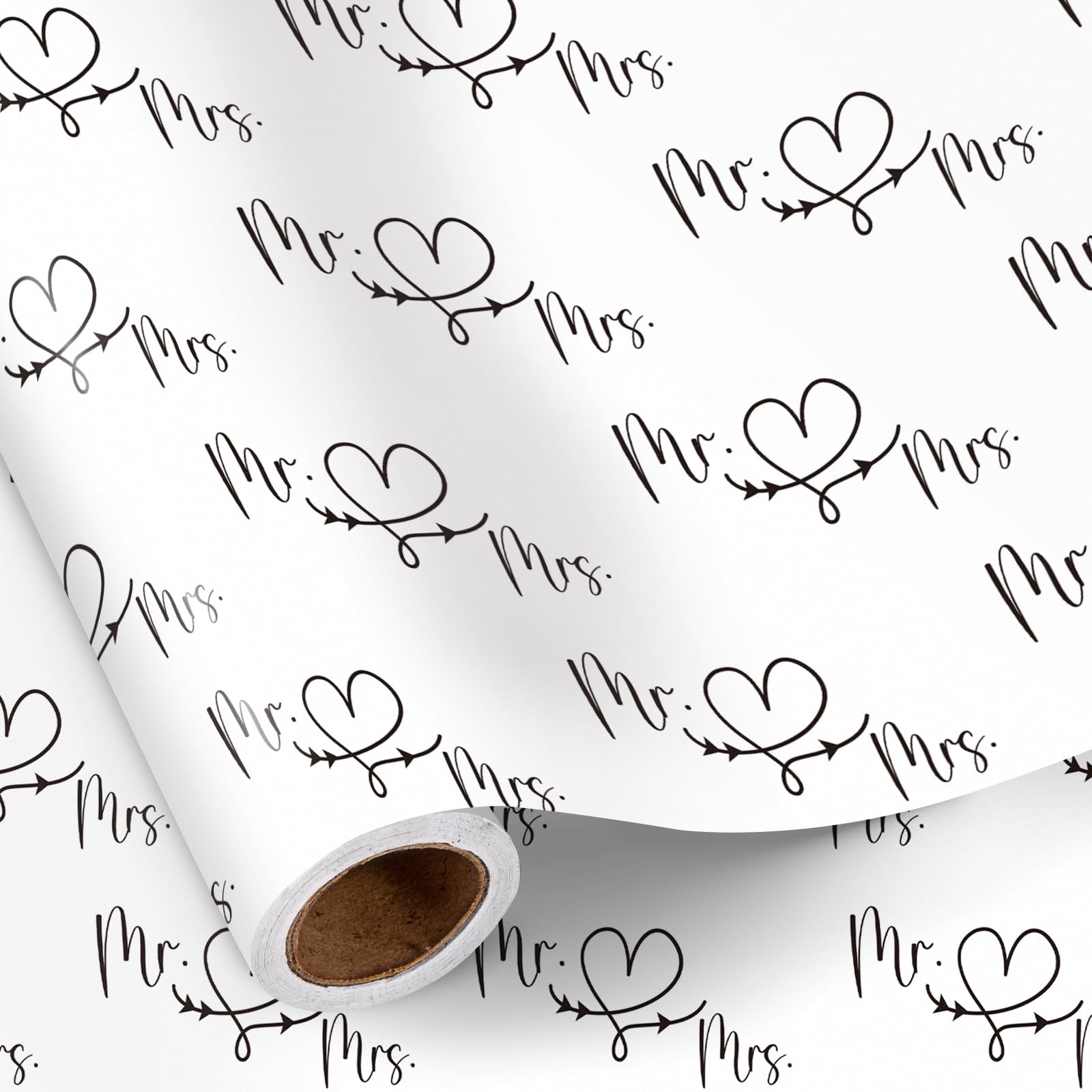 RUSPEPA Wedding Wrapping Paper Roll, Mini Roll, Black and White Mr. & Mrs. Design with Heart and Arrow Pattern, Romantic Gift Wrap for Wedding, Engagement, Anniversary, 43.2cm x 5m — image 1
