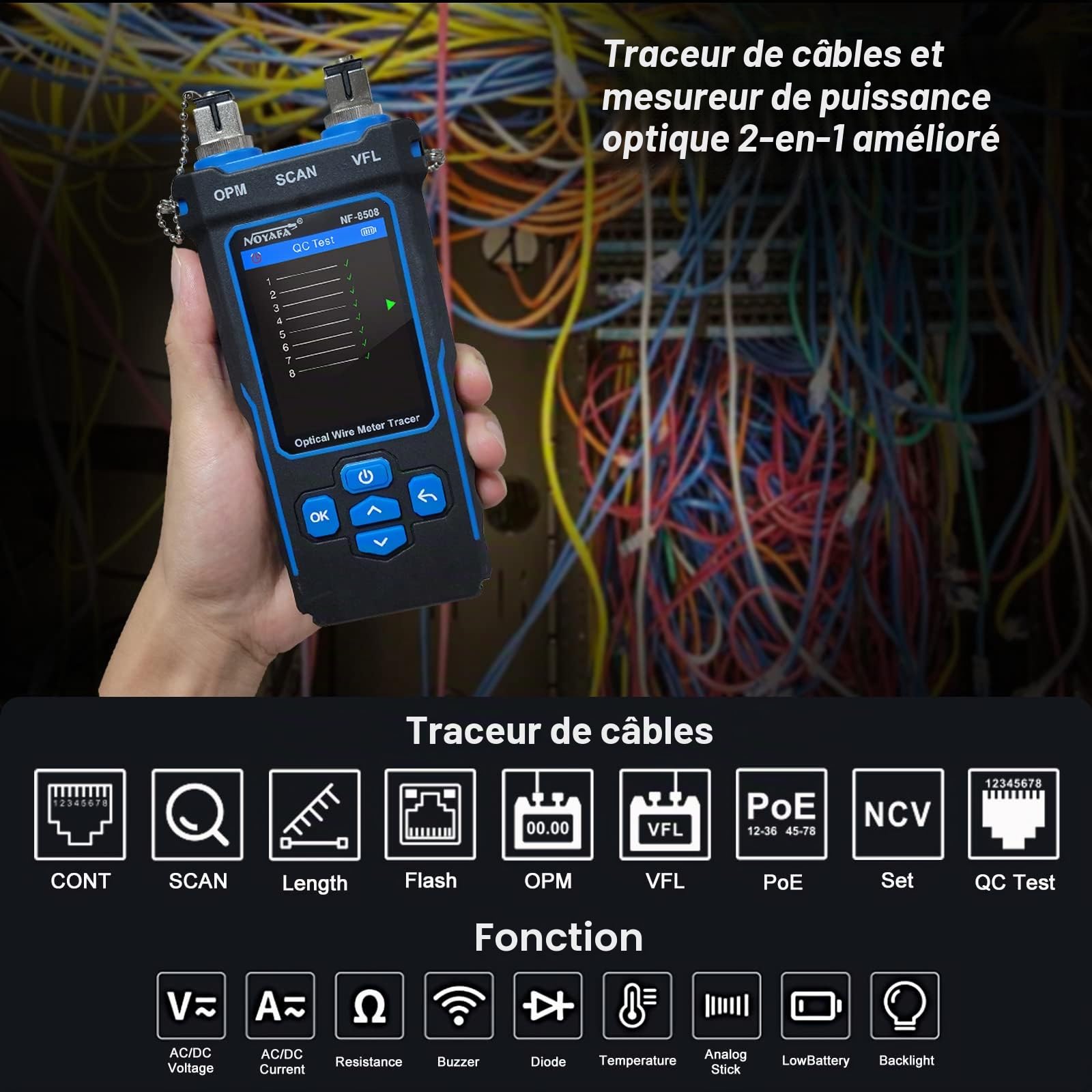 Testeur de câble réseau avec compteur de puissance optique PoE multifonction, traqueur de fils RJ11 RJ45 LAN câble toner Cat5 Cat6 câble Ethernet traceur avec NCV, prise en charge de type C, B