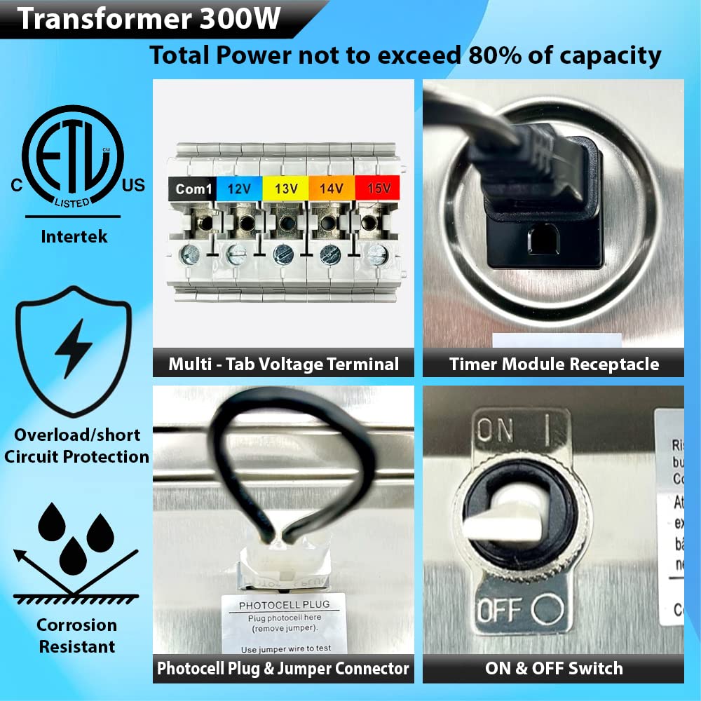 Low Voltage Transformer for Landscape Lighting - 300 Watt Stainless Steel Landscape Lighting Transformer, Multi-Tap 120V AC to 12V/13V/14V/15V AC Weatherproof for Pathway, Spot Lights