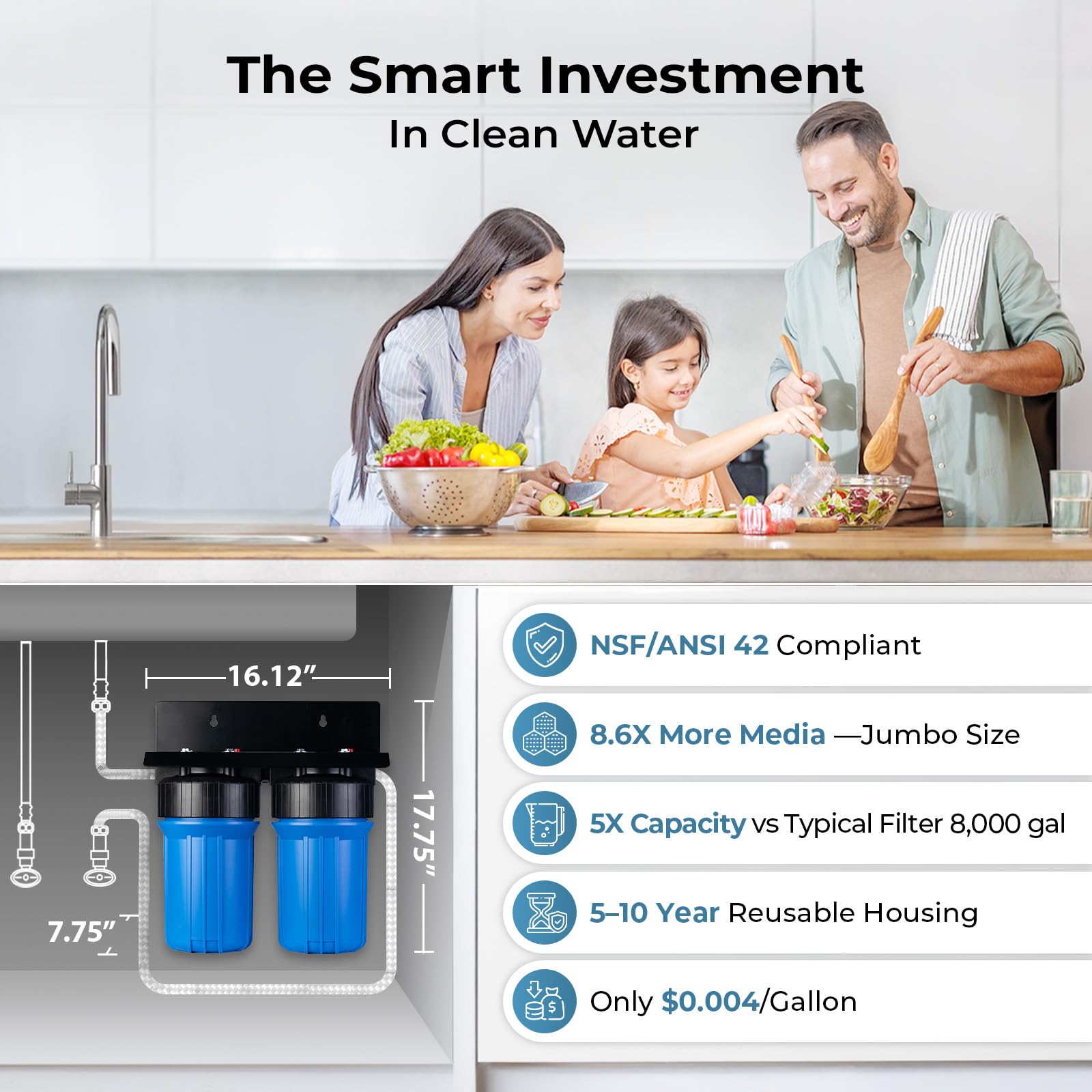 iSpring US21B-CPB - Filtro de agua de 4 capas de alta capacidad para debajo del fregadero, reduce el plomo, PFAS, PFOA/PFOS, cloro, mal sabor y olor, con 2 mangueras de conexión directa mejoradas