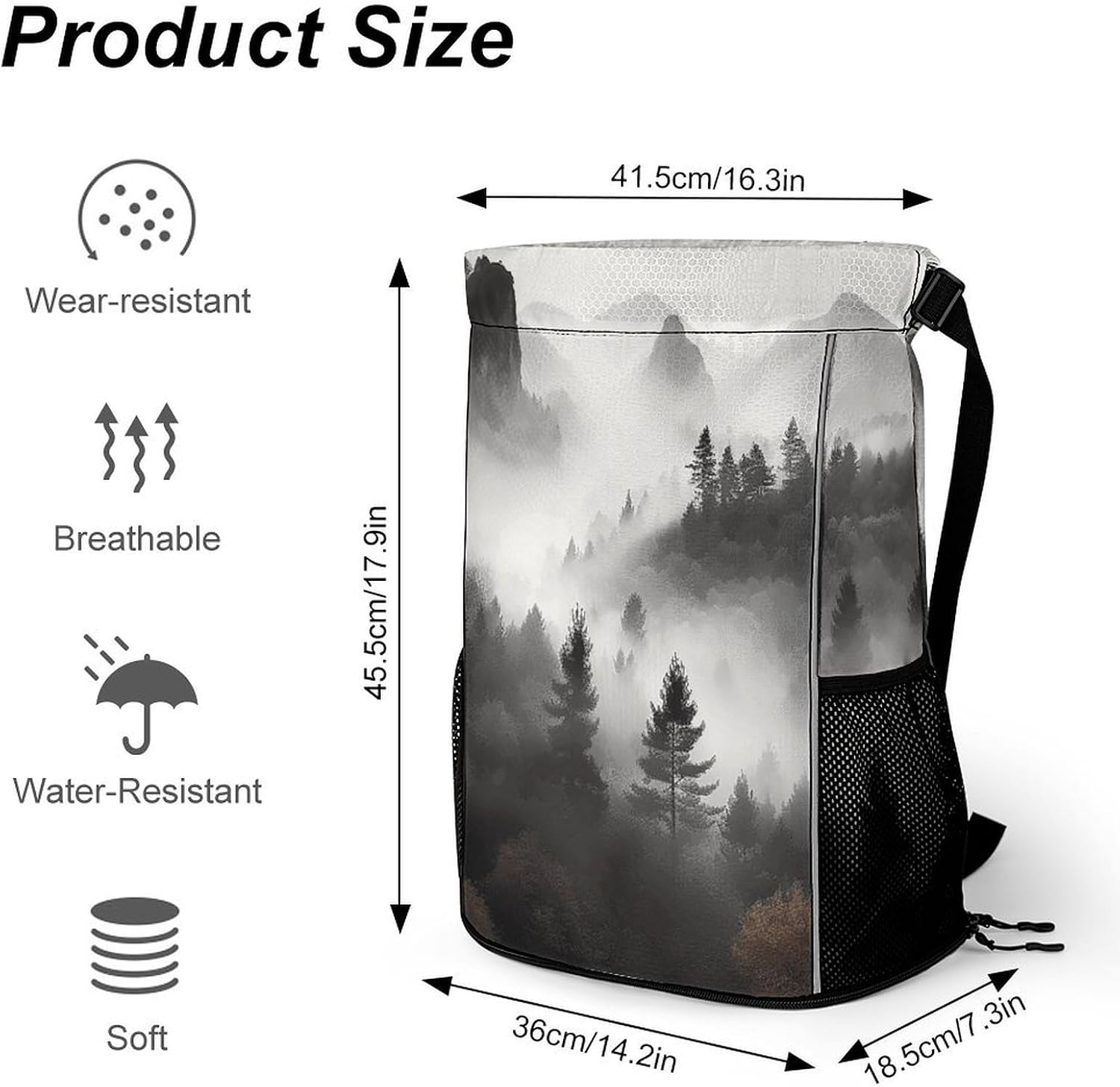 Foggy Mountains Forest Drawstring Backpack with Wet Pocket - Large Capacity Gym Bag with Shoe Compartment & Mesh Pockets, Adjustable Lightweight Gym Backpack for Swimming, Travel, Workout
