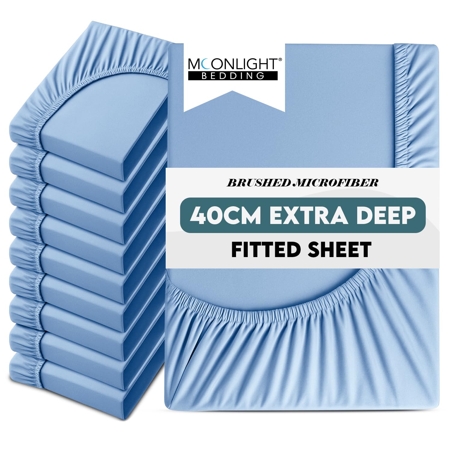 Moonlight Bedding King Size Fitted Sheets 10 Pack 40CM Light Blue Bed Sheet with Elastic Corners 16 Inch Extra Deep Pocket Brushed Microfiber Easy Care Breathable Shrinkage Fade-Resistant — image 1