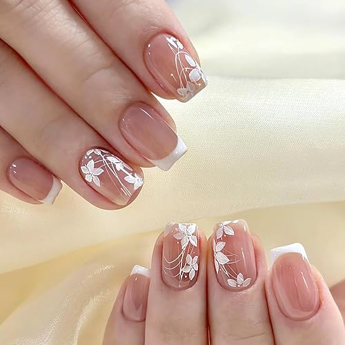 White Flower Press on Nails Short Square False Nails with