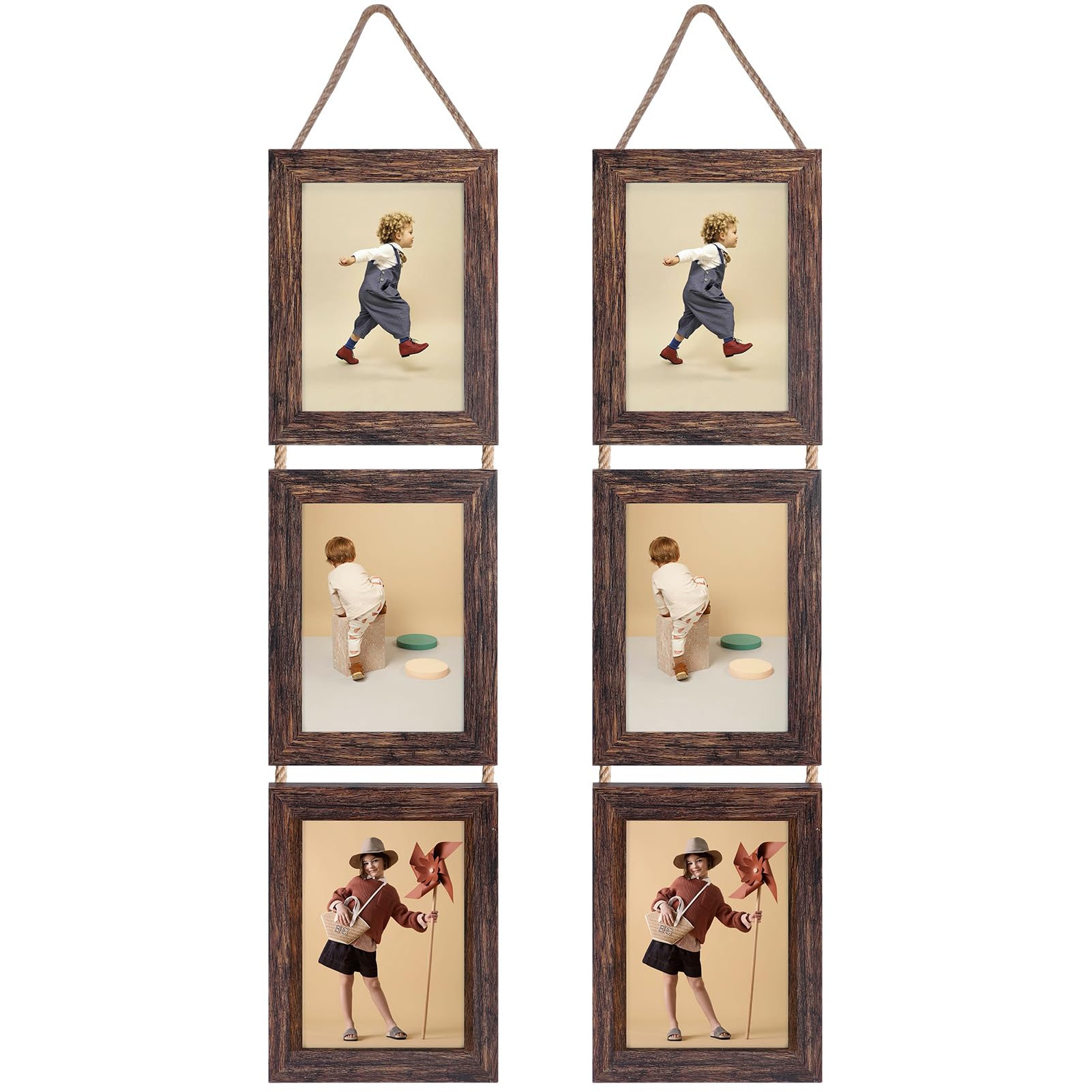 Lavezee Wall Hanging 5x7 Picture Frames Set of 2, Vertical Collage Distressed Brown Triple Frame Made to Display 5 by 7 inch Photo for Wall Decor