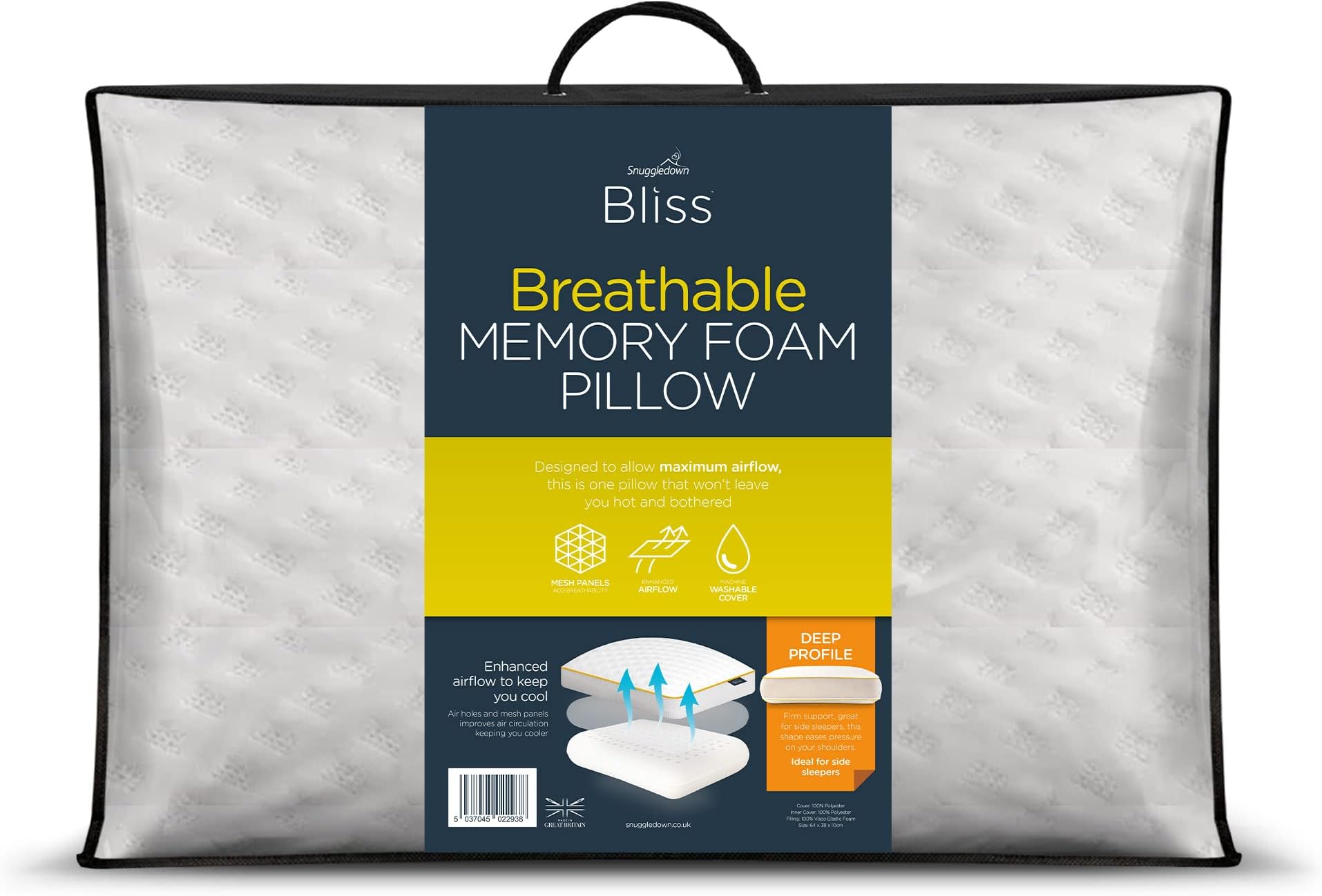 Snuggledown Memory Foam Pillow 1 Pack - Breathable Orthopedic Pillow with Firm Support for Side Sleepers | 2-Year Guarantee, UK-Made, Non-Allergenic, Zipped Washable Cover (38 x 64cm)