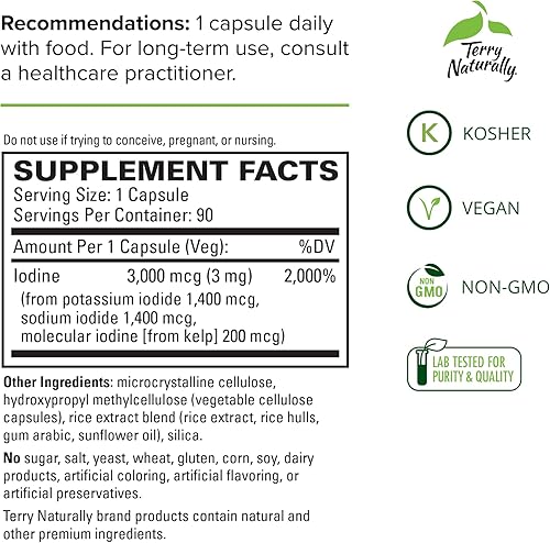 Miniatura 2 de Terry Naturally Tri-Yodo 3 mg - 3000 mcg de yodo 90 cápsulas veganas - Apoya el equilibrio hormonal promueve la salud de la mama y la próstata - Sin