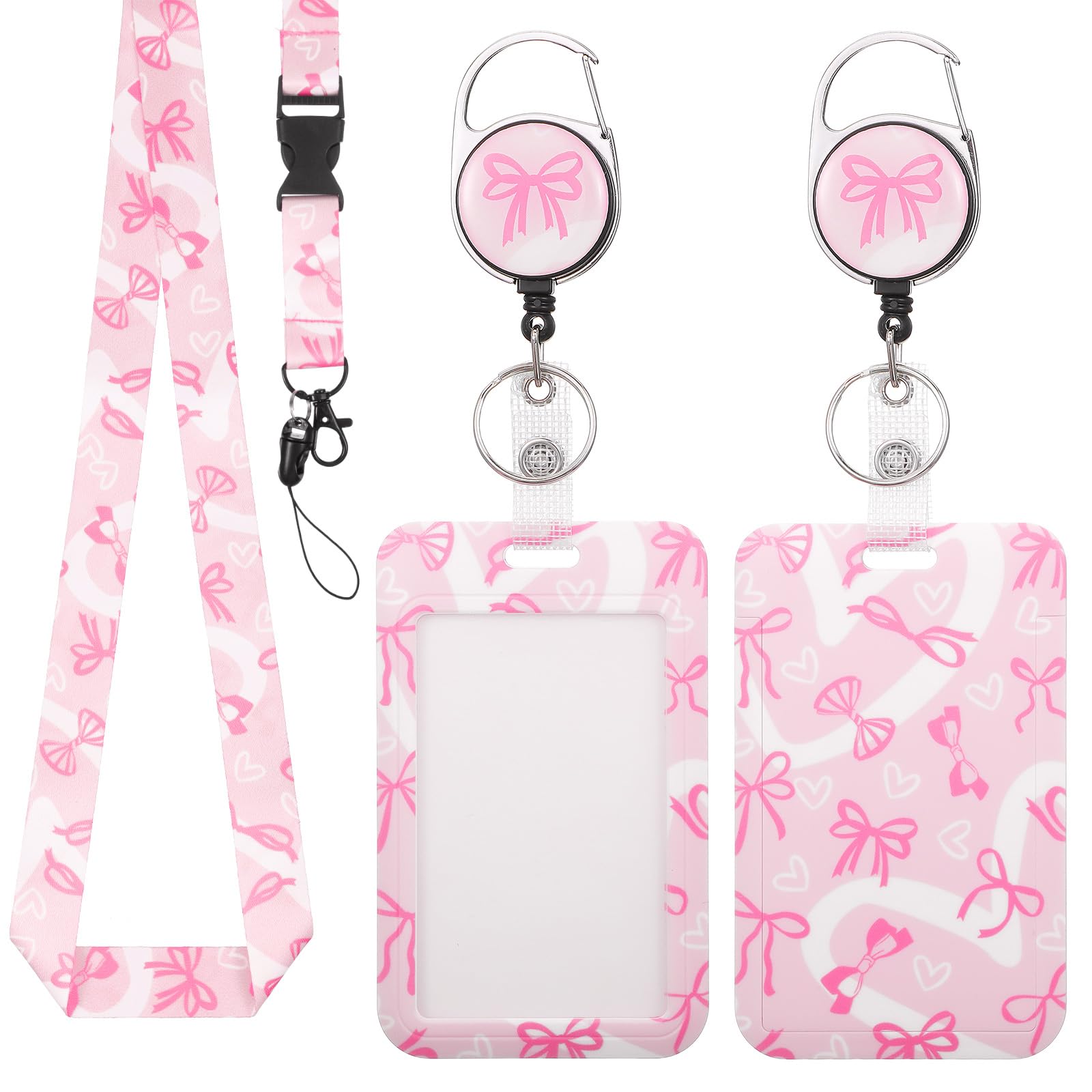 LXUEJIE Pink Bow Pink Lanyard with Card Holder lanyards, Cute Case and Retractable Badge Reel Clip for ID Badges Name Tags Vertical Card Holder Lanyard Badge Reel for Nurse Doctor Office Employees