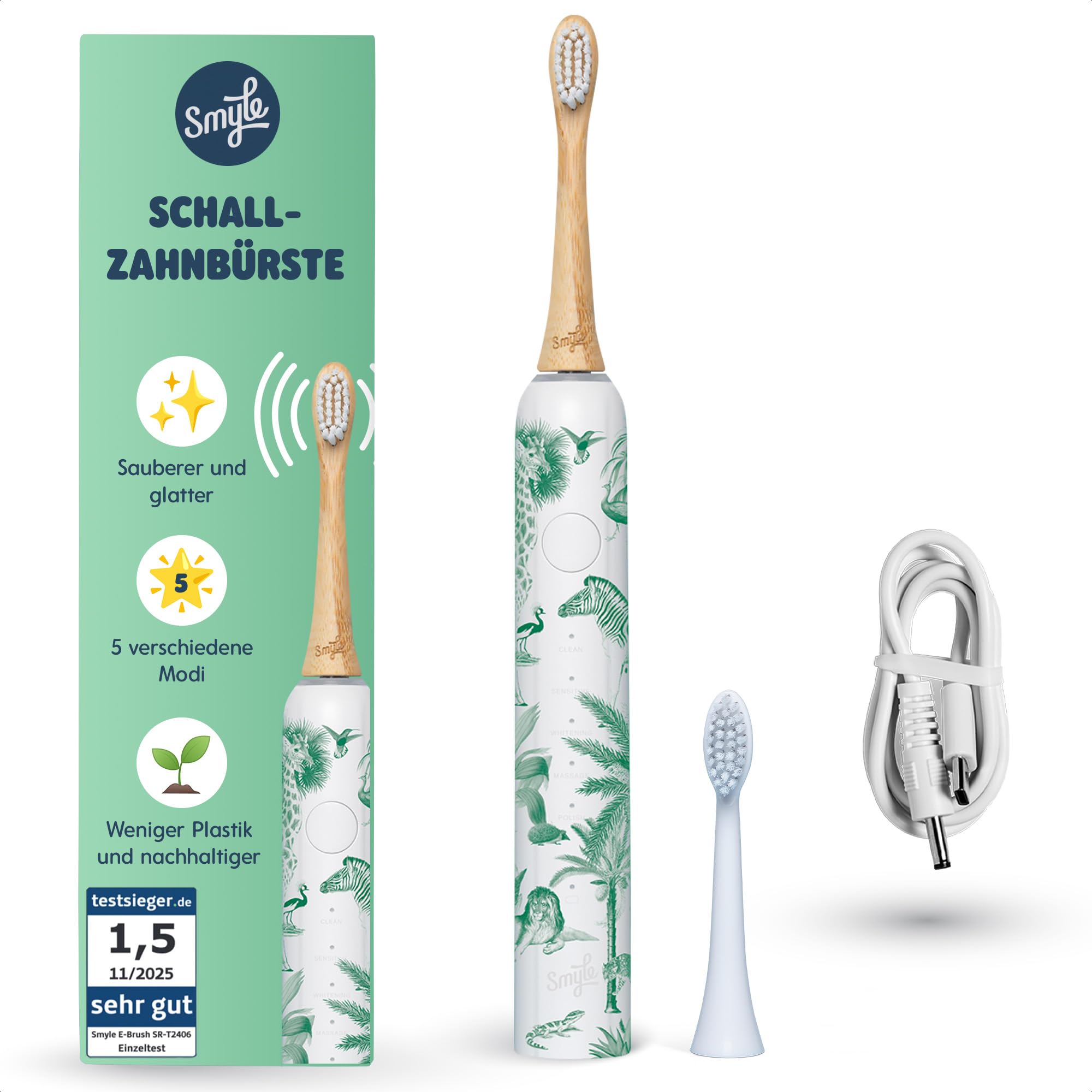 Smyle Zahnbürste - Schallzahnbürste mit Sensor – 3 Monate Akkulaufzeit, USB-C-Ladegerät, intelligenter Timer, 5 Putzmodi, wasserdicht – Elektrische Zahnbürste – Jungle-print