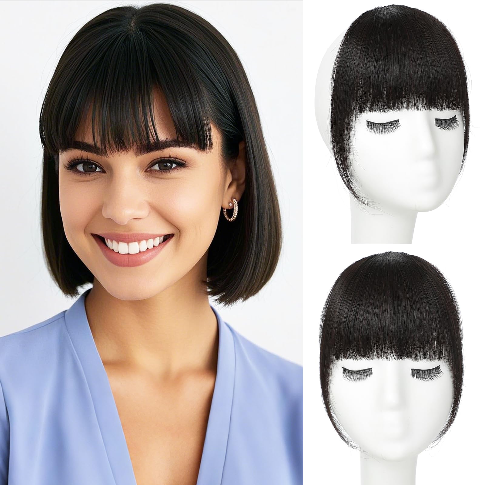 Cesomeey Clip in Bangs 100% Real Human Hair, French Bangs Hair Clip, Fake Bang Fringe with Temples Hairpieces for Women Daily Wear (Natural Black,