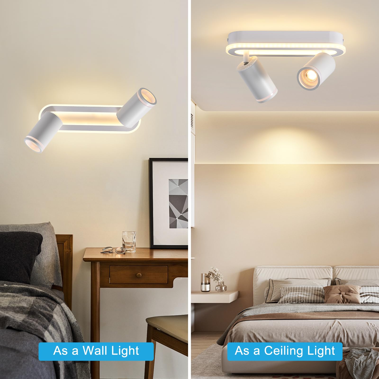 SANSHI Faretti da Soffitto Orientabili Interno LED 2 Luce,Faretti da Parete con Inferiore 15W+2x5W,GU10 Lampadario Faretti,Moderna Plafoniera Faretti Bianco Caldo 3000K per Cameretta Cucina,Bianco