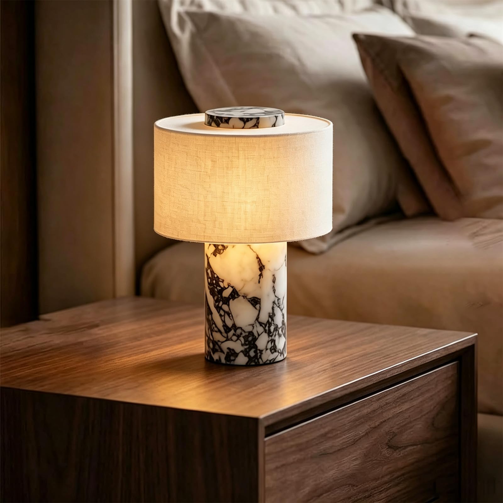 Lámpara De Mesa Recargable Táctil De Lujo Con Base De Mármol Y Pantalla De Lino, Luz Nocturna Decorativa De 25 Cm (10 Pulgadas) Para Sala De Estar, Dormitorio Y Recibidor. Null Rechargeable