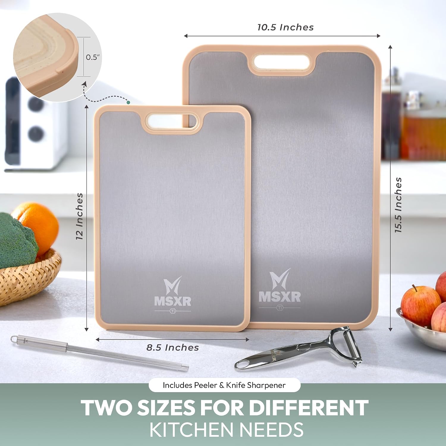 Titanium Cutting Board Set for Kitchen, Double-Sided Pure Titanium & PP Cutting Boards with Juice Groove, Vegetable Peeler & Sharpening Rod, Easy Clean Chopping Boards for Meat, Vegetables & Fruits
