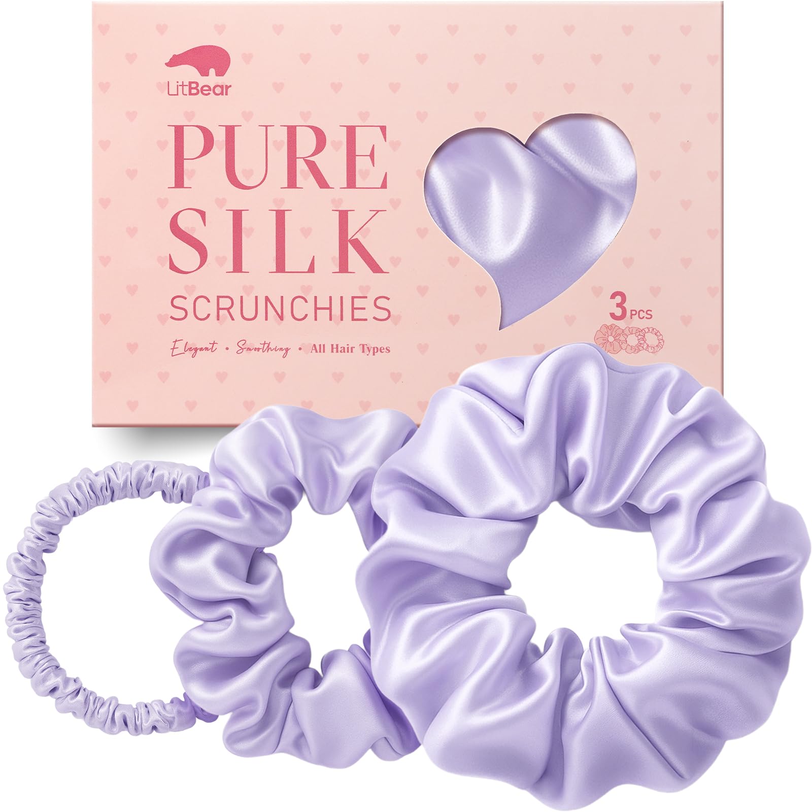 Litbear Seiden Scrunchies 3er Set, Haargummi Seide aus 100% reiner Maulbeerseide, Seidenhaargummis Damen in 3 Größen, Silk Scrunchie zum Schlafen, sanft zum Haar gegen Haarbruch