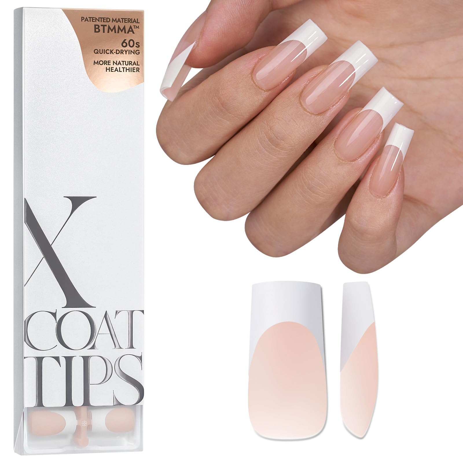 BTArtboxFrench Tip False Nails - XCOATTIPS Long Square Nail Tips, Nude Press on Nails, Pre-applied Tip Primer & Base Coat Cover, Soft Gel Fake Nails for Nail Extension