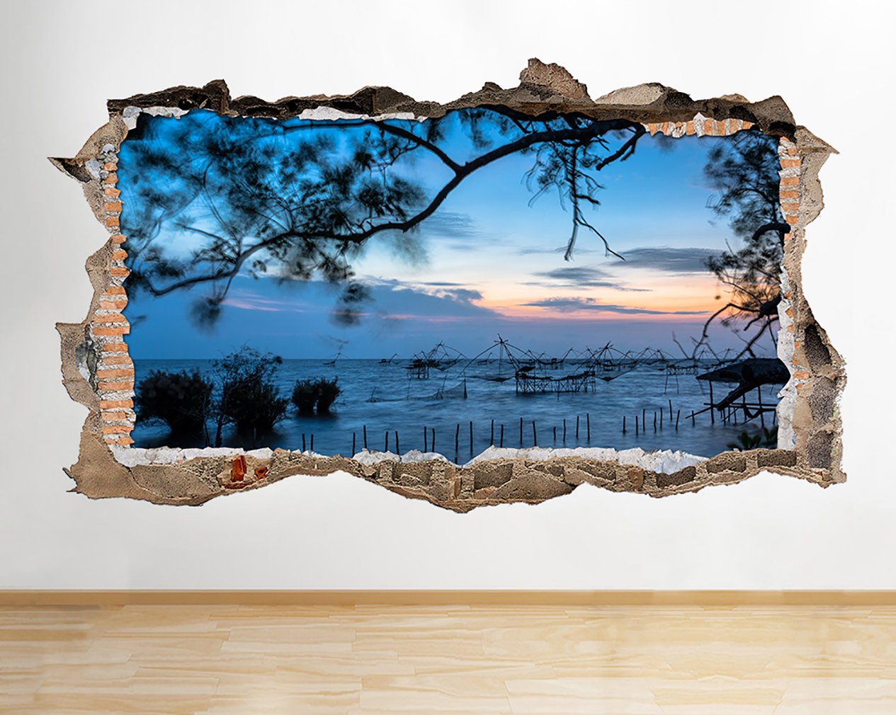 S319 Ocean Sunset Sky Tree Scenic Smashed Wall Decal 3D Art Stickers Vinyl RoomKids Bedroom Baby Nursery Cool Livingroom Hall Boys Girls (HUGE (100x175cm))