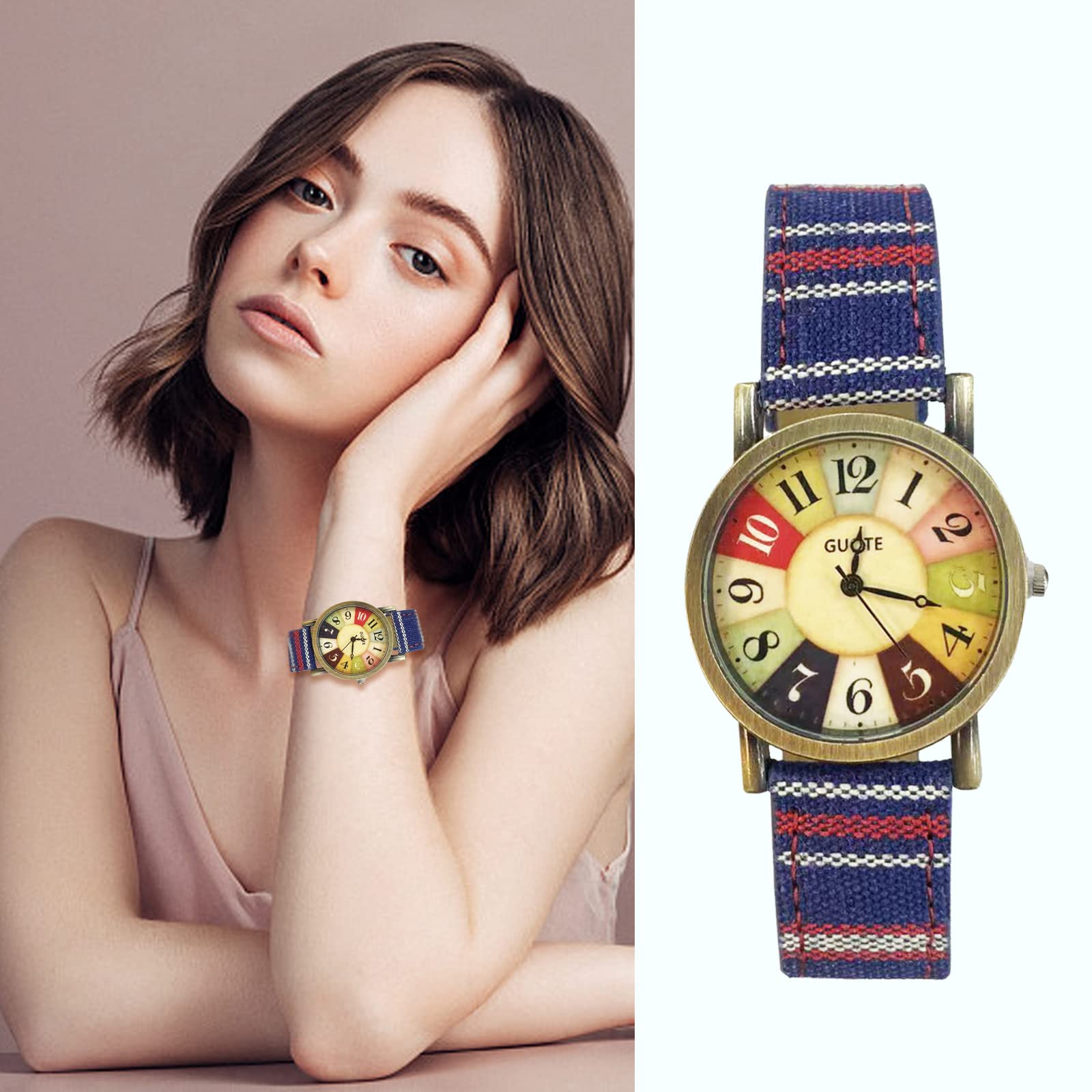 LUKYBIRDS Multi Color Rainbow Vintage Women Boho Hippie Pattern Watches, Quirky Boho Hippie Watch, Wonderful Women's Gift, PU Leather Woven Strap