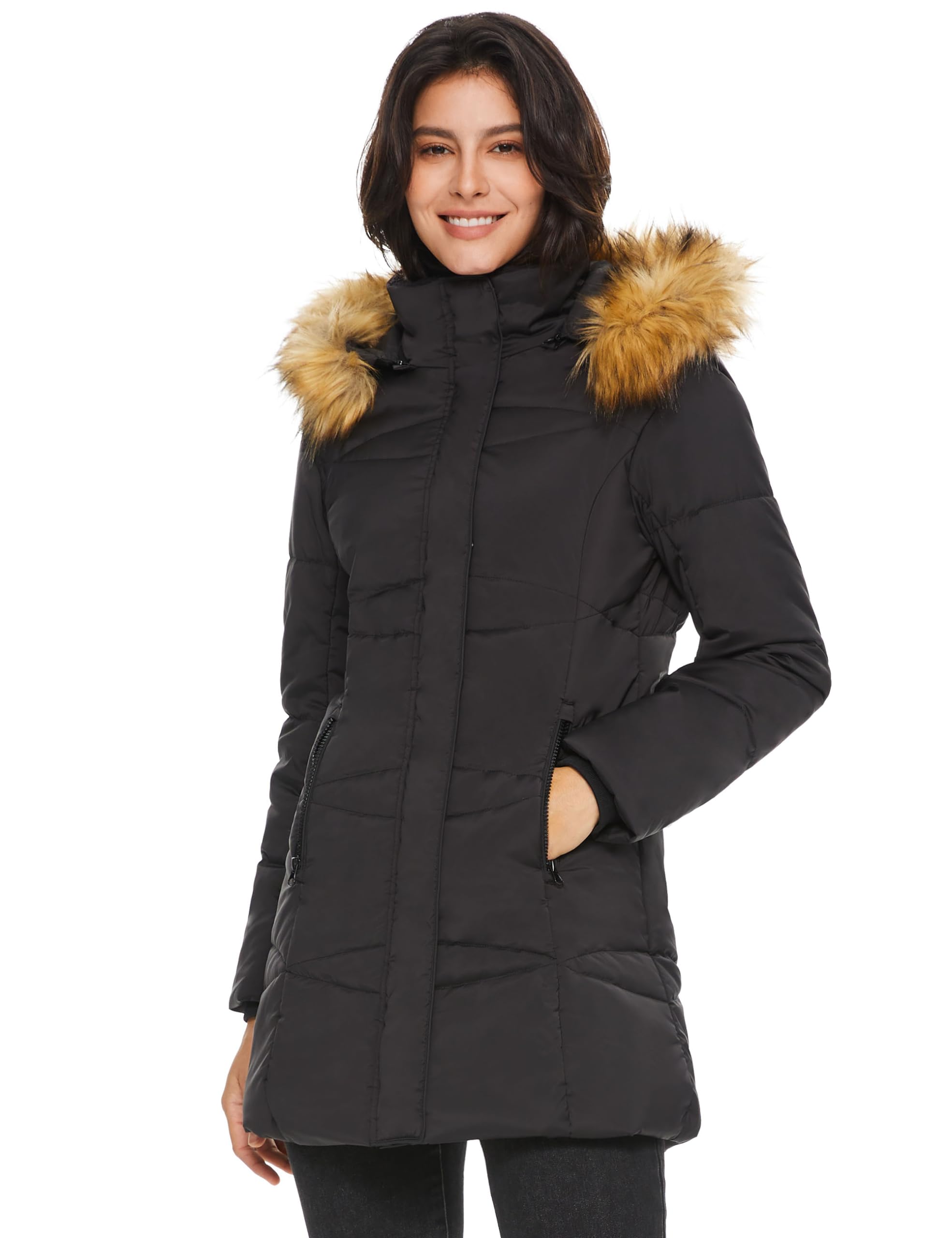 Orolay Women’s Insulated Jacket with Removable Hood Faux Fur Zip up Winter Coat Mid-length