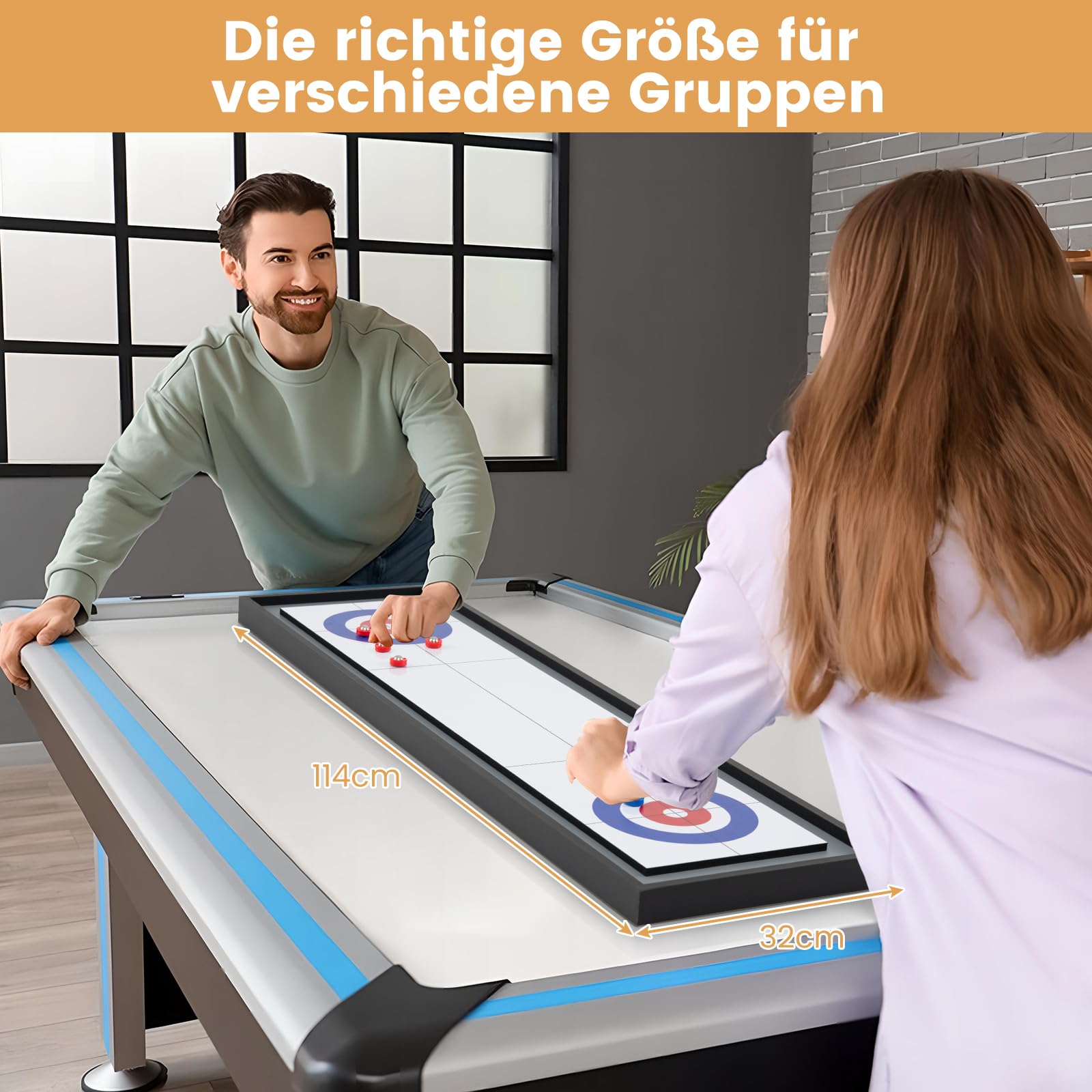 COSTWAY 2 in 1 Shuffleboard & Curling, 114 x 32 cm Brettspiele mit 8 Pucks, tragbares Tisch-Shuffleboard, Table Top Game aus Holz, Tischkegelspiel für Kinder, Erwachsene