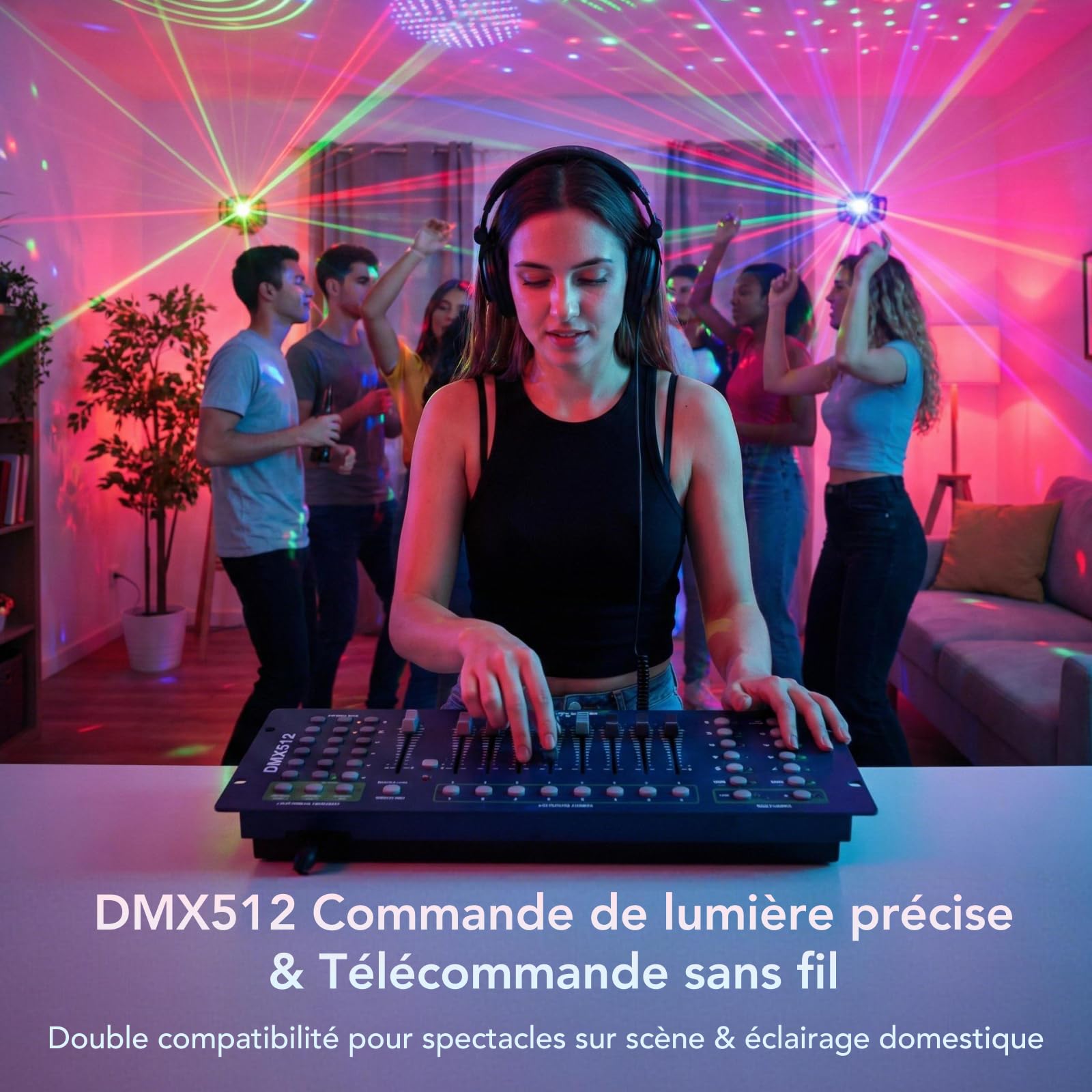 Tomshine Jeux de Lumière DMX 5 en 1, 150+ Combinaisons d'Effets et Boule Magique 15 Couleurs, 12x Lumière Noire UV et 2x Stroboscope Doré, Faisceau Étoile Rouge, Eclairage DJ pour Soirée, Club
